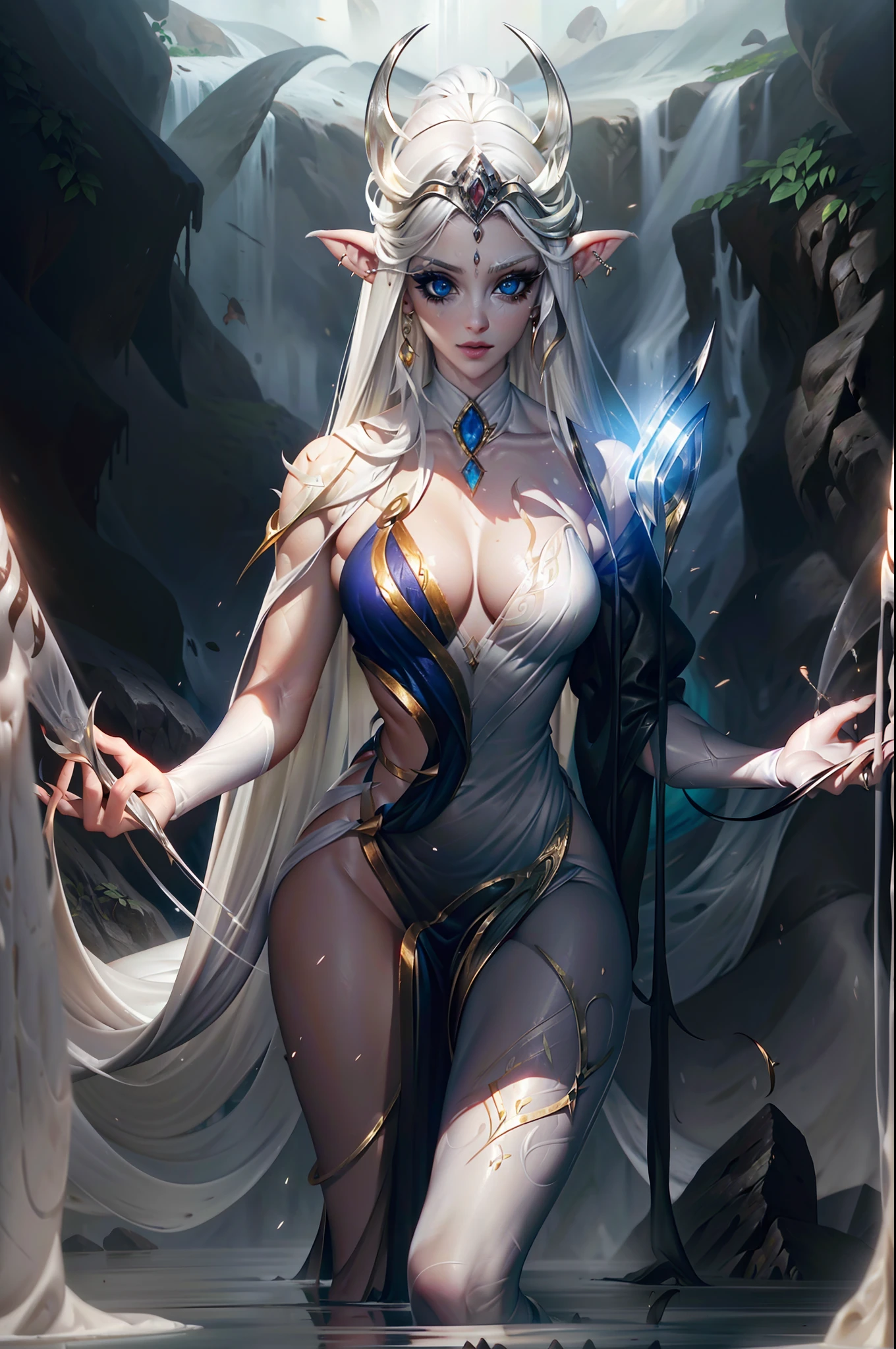 pele acizentada,poucas e pequenas queimaduras de frio. olhos brancos, sem pupilas, white lashes, sobrancelha branca e rareada. Pale mouth. long flowing white hair. elvish ears, brincos gota pratas, piercings no topo da orelha. Corpo magro feminino,long flowing dress and translucent white,pouco decote,mangas curtas. fundo nevasca.