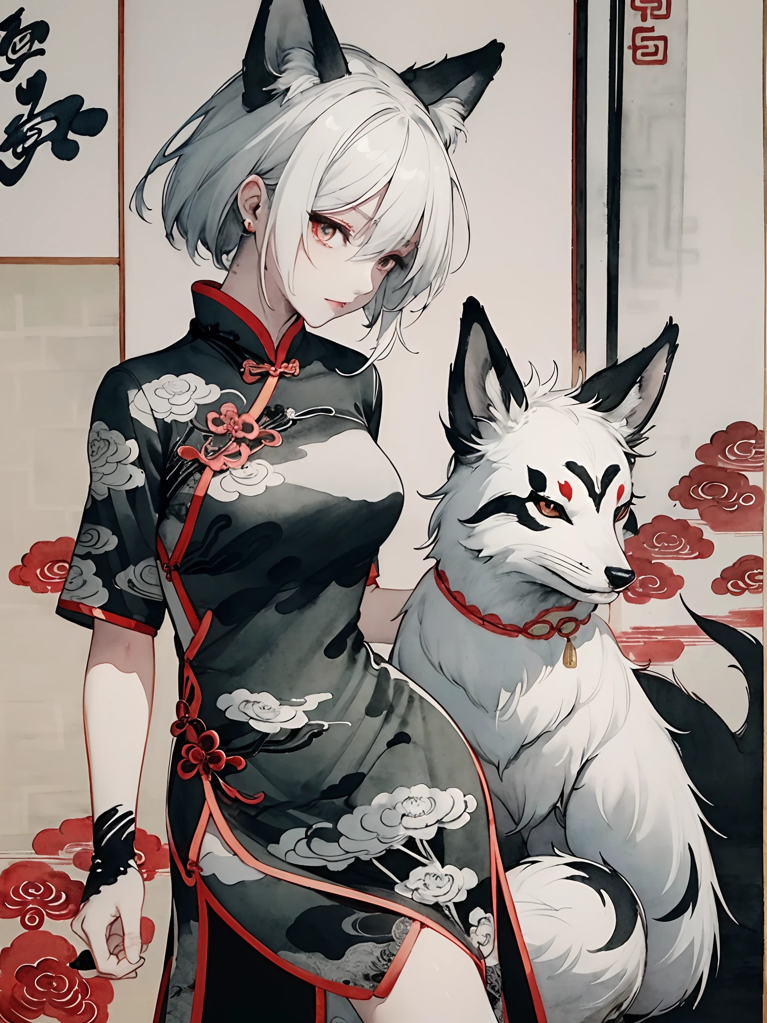 ((8K,​masterpiece、top-quality))、((Traditional Chinese Ink Painting:1.4)),lotuses,((qipao dress:1.3)),Dress conservatively ,独奏、white  hair、fox ear、blanche,looking at viewert