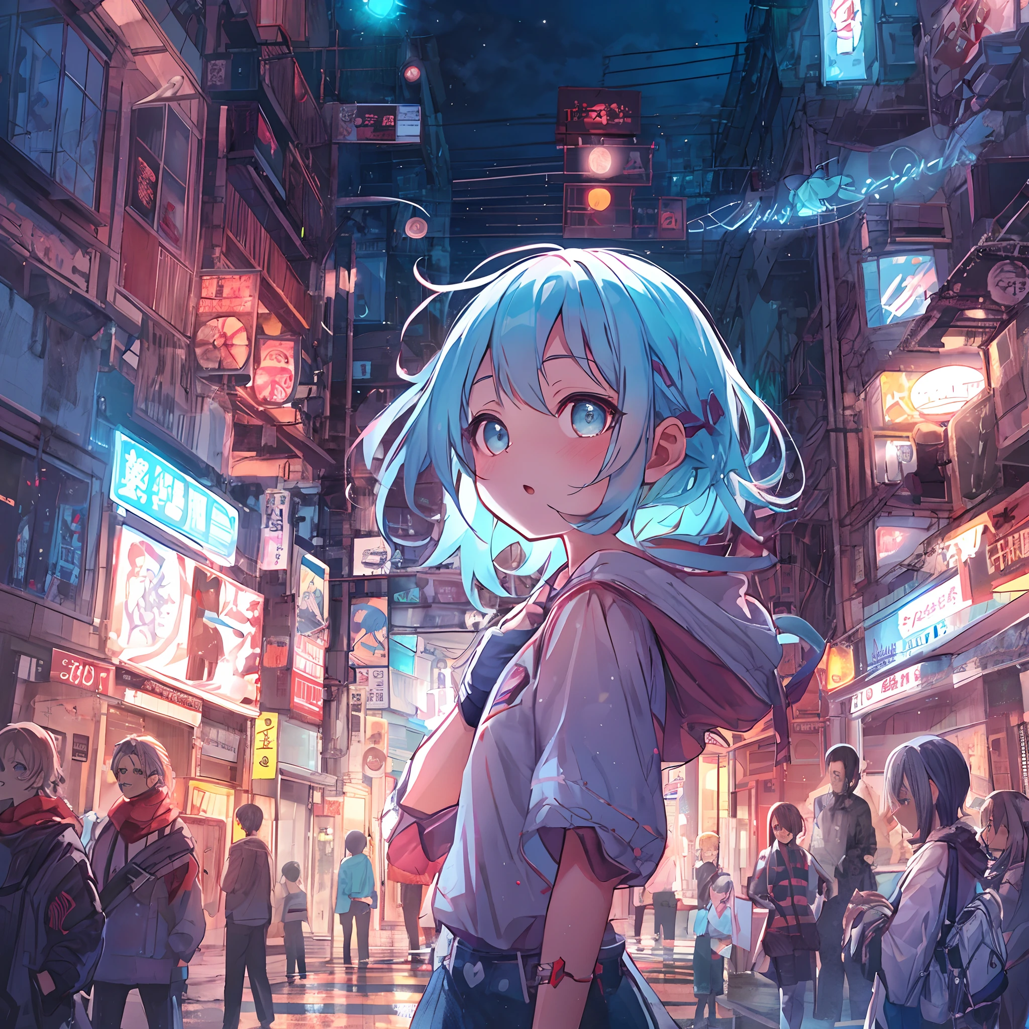 absurderes, hight resolution, (Anime style:1.1), ((masutepiece)), ((Best Quality)), (Ultra-detailed), (Beautiful), 独奏, Beautiful face、(liftup),Cute girl standing on the street of urban red light district,Wind,Light blue hair, Blue eyes,Casual clothing,Laugh,Looking at Viewer,Lens Flare,Dramatic,Lots of crowds