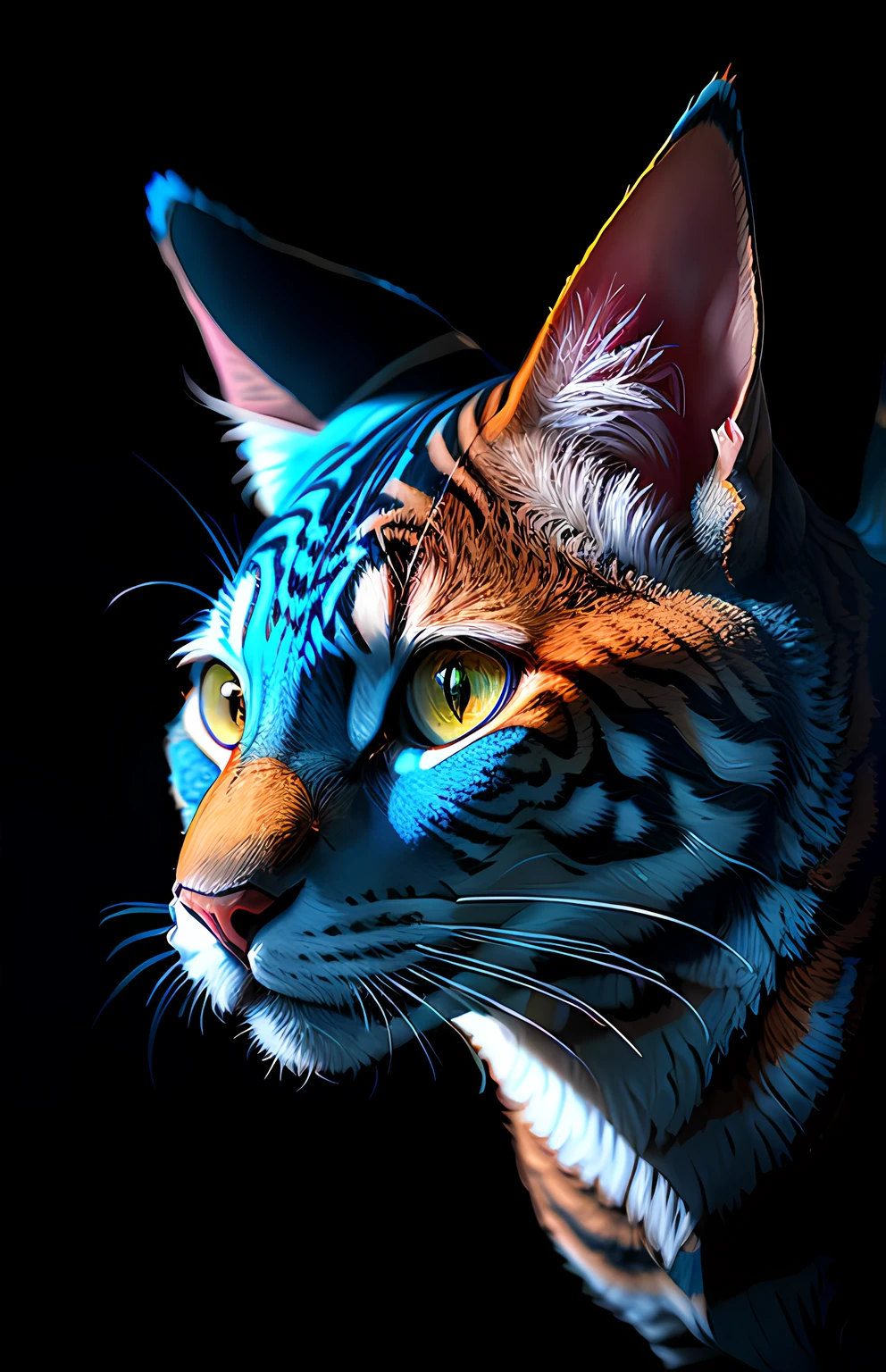 Un gato de cuatro rosas, plano completo, cabello abundantes, anthropomorphic expression, colores arco iris, detalles exquisitos, obra maestra, realista, artes, cg, realista, Unreal Engine, luz y sombra reales, hermosos colores ricos, detalles sorprendentes, alta calidad, un par de orejas