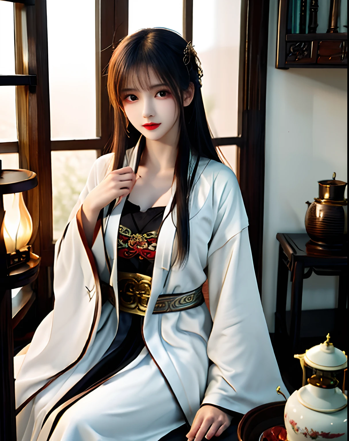 Best quality, Masterpiece, A high resolution, 1girll,Beautiful face,Chinese clothes,long white robe,Being in the room,holding book,bookcase,oil lamp,Warm light,mediuml breasts