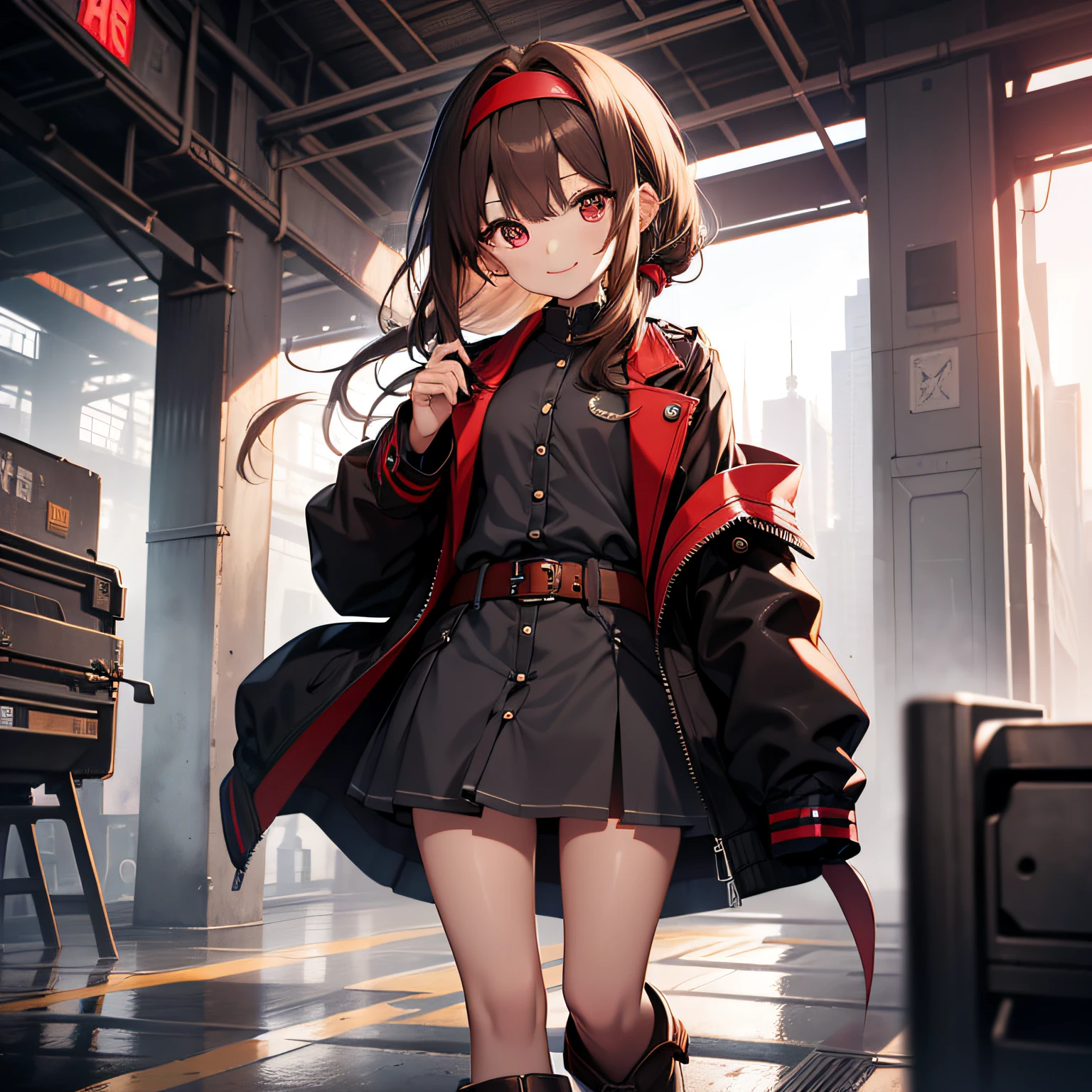 top-quality、extremely delicate and beautiful、(((Only 1 person)))、、(Dark hair)、Gray clothes with vertical buttons、Belt at waist、grey miniskirt、((poneyTail))、(red hairband)、(Brown boots)、Red-eyed、A smile、