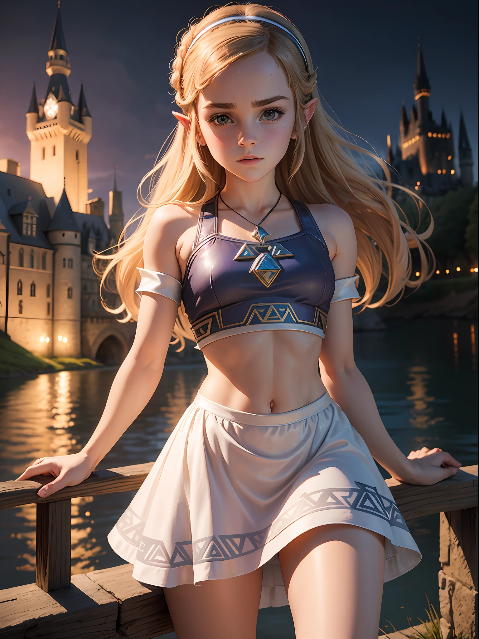 teen emma watson dressed princess zelda. short dress, crop top. Castle. Night. background river. wet. --s 1000