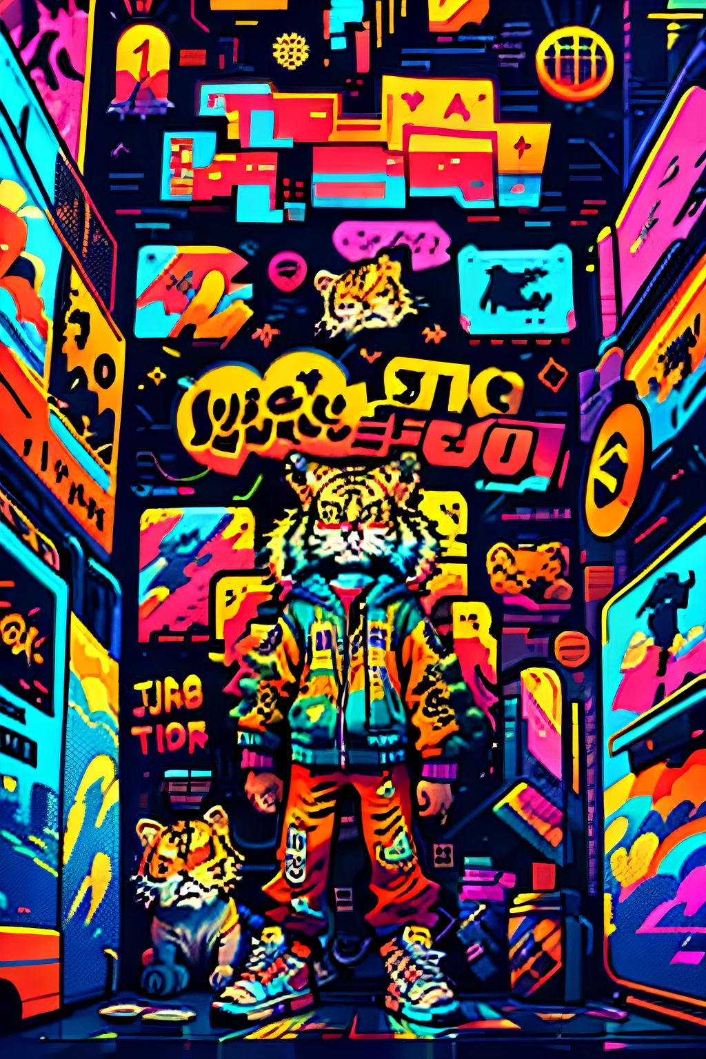 Close-up of a person standing in a room with a neon sign, inspired by Liam Wong, epic retrowave art, masterpiece epic retrowave art, Colorful film art, vibrant cartoon art, epic art style, ((Tiger)), kilian eng vibrant colours, jen bartel, retrowave epic art, Cyberpunk art style, Digital art style, retrowave art