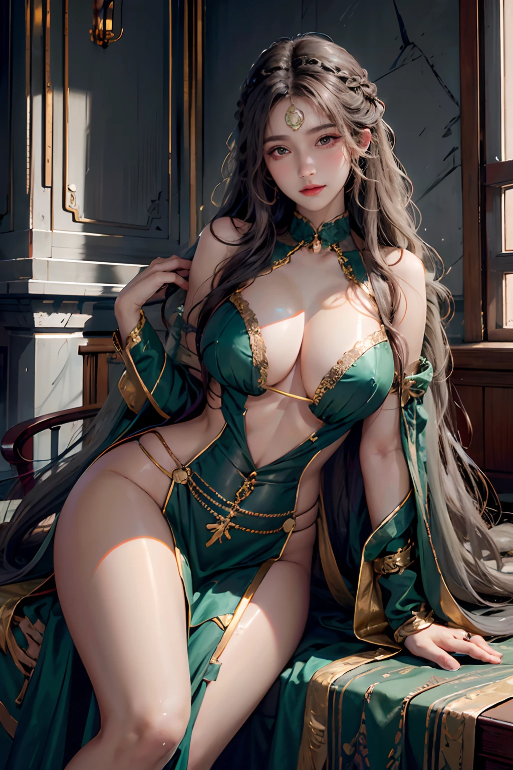 Photorealistic, High resolution, Soft light,1womanl, Solo, hips up high,Bust large、 glistning skin, (Detailed face),Eye color green, Jewelry, Chainmail, Night, Long hair, Wavy Hair, Beautiful Soldier, An eye that invites the viewer, Lover's perspective, inviting expression, Sexy smile, Perfect Style, Perfect balance, Detailed skin, Naughty gaze, Chest visible