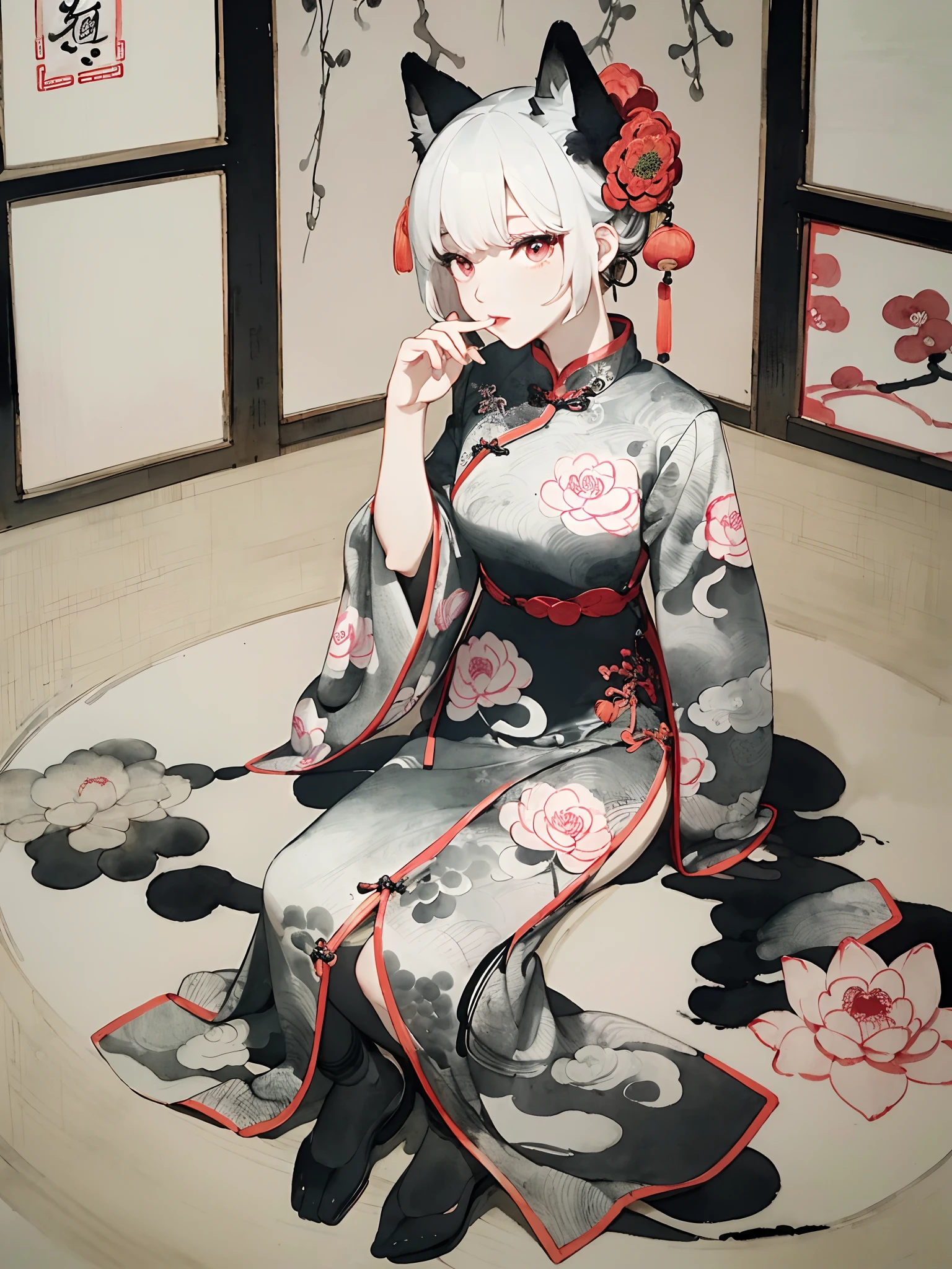 ((8k,masterpiece、top-quality))、((Traditional Chinese Ink Painting:1.4)),lotuses,((qipao dress:1.3)),Dress conservatively ,独奏、white hair、fox ear、blanche,looking at viewert