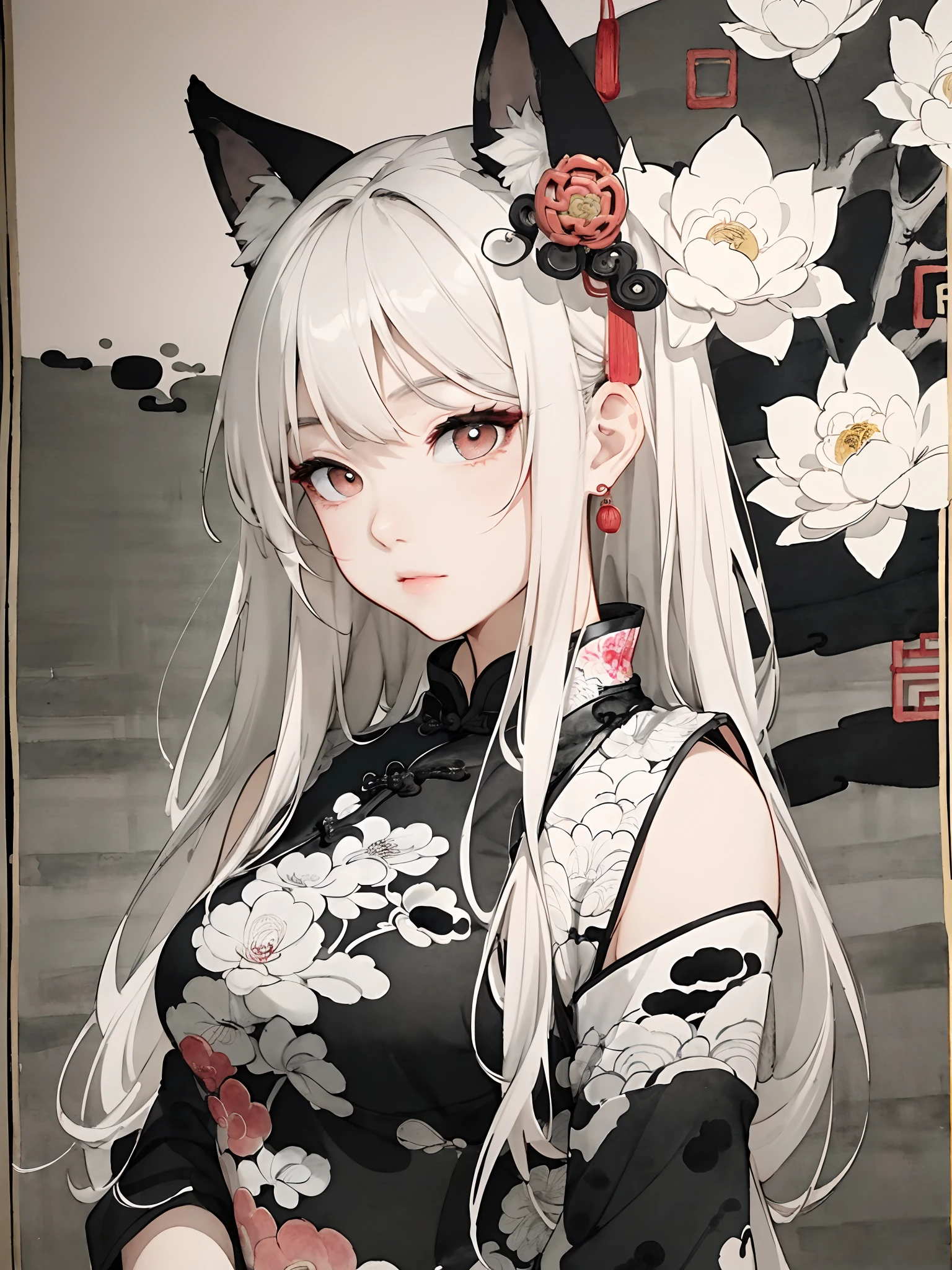 ((8k,​masterpiece、top-quality))、((Traditional Chinese Ink Painting:1.4)),lotuses,((qipao dress:1.3)),Dress conservatively ,独奏、white  hair、fox ear、blanche,looking at viewert