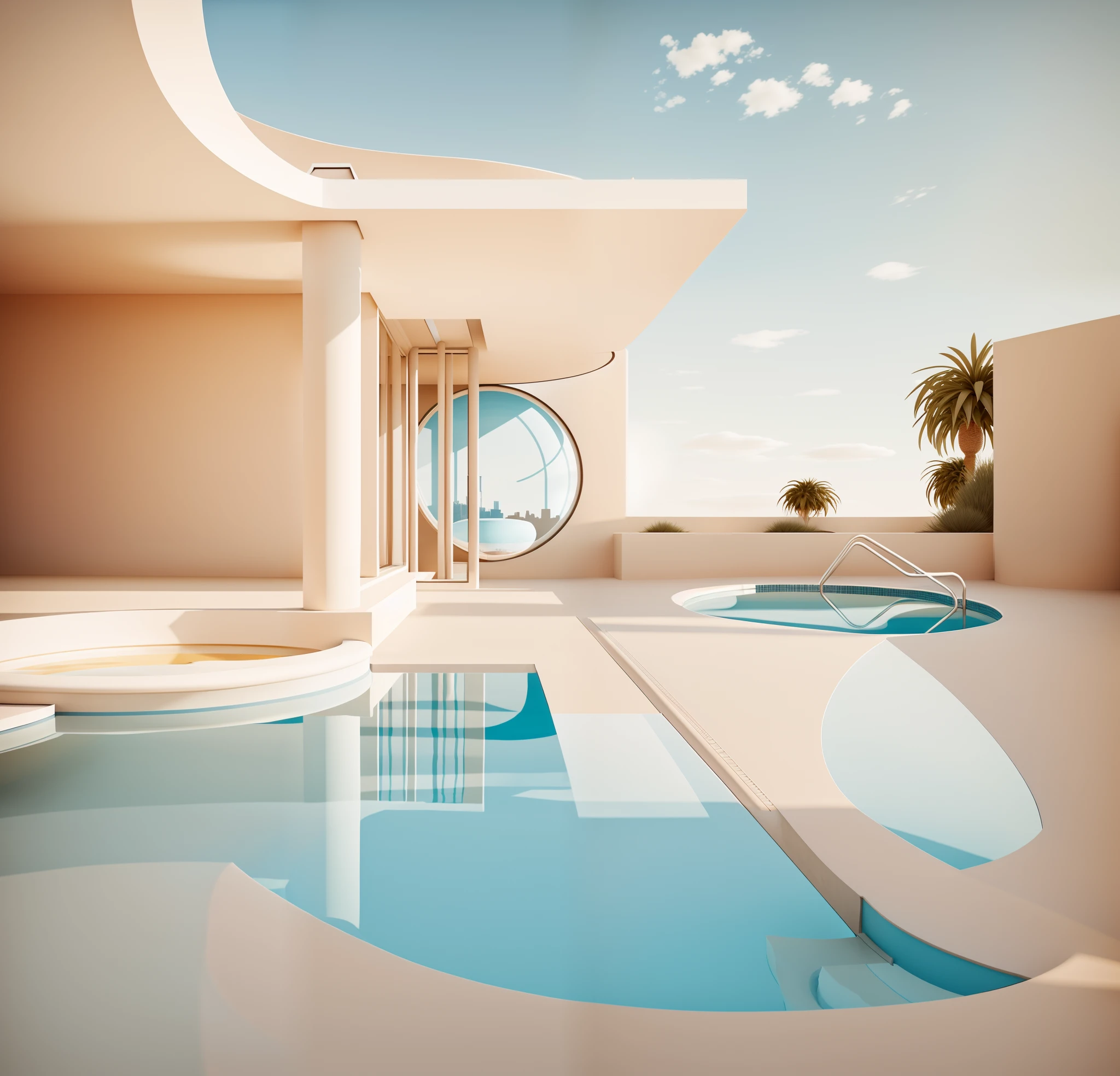Close-up of swimming pool with round window and sky background, inspired by Ricardo Bofill, muted flat surreal design, in a futuristic desert palace, with surreal architecture, Minimalist architecture, rounded architecture, muted colors with minimalism, beautiful aesthetic design, in style of 3d render, surreal 3 d render, arhitectural shot, surreal architecture, surrealistic roman architecture