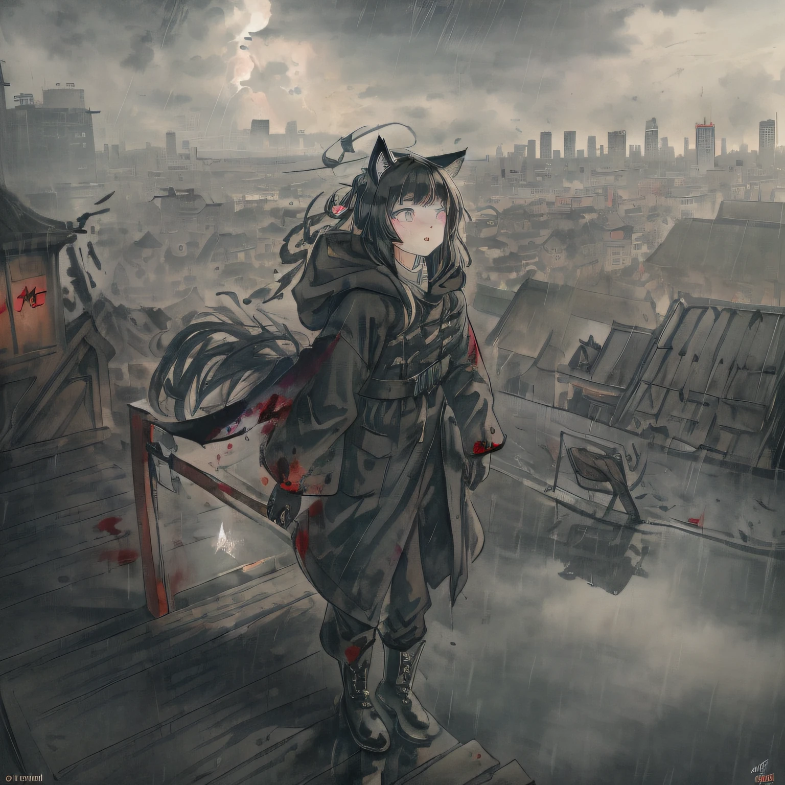 ((masterpiece)), (((best quality))), (ultra-detailed:1.5), ((illustration)), ((disheveled hair)),(1girl)，solo,ambiguous gender，animal ears，artist name，black footwear，black gloves ，black pants，black ribbon，blood，blood from eyes，blood from mouth，blood on clothes，bloodonface，blue coat，blue hair，boots，building，bulletproof vest，cat ears，cattail，caution tape，A broken building,character name，city，cityscape，cloud，cloudy sky，coat，corpse，crane (machine),crystal，cuts，eyelashes，gloves，green eyes，grey coat，hood，hood down，hood up，hooded coat，impaled，injury，keep out，ladder，leg ribbon，lightning，long hair，looking up，mask， meteor,open clothes，open coat，outdoors，pants，parted lips，railing，rain，ribbon，rooftop，sidelocks，sky，skyscraper， tail，very long hair,(Heavy rains)，Negative prompt,Smooth reflection, (specular reflection), (delicate and delicate face:1.5),The residual eaves DuanBi,Dark tonal,(Iridescence and rainbow eyes),backlight