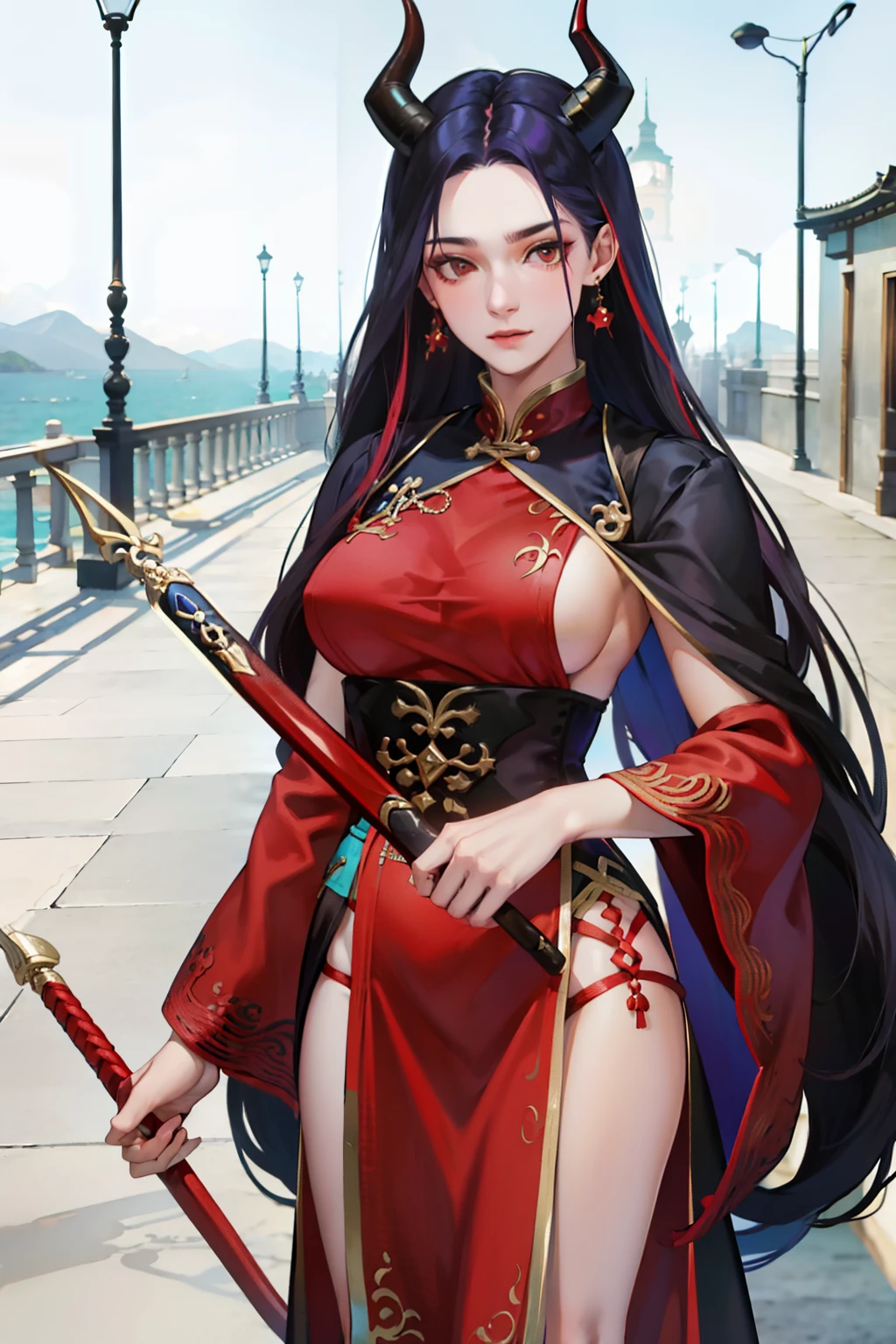 NSFW, obra-prima, melhor qualidade, ultra-detalhado, semi-realista, detailedfacialfeatures, 2 mulheres maduras, vestindo roupas antigas wuxia hanfu, cabelos brancos,longos,Olhos vermelhos,demon horns on the head,muito bonita,cor da roupa vermelha escuro,seios grandes,demon tail, voluptuoso,mulher guerreira, standing arrogantly holding a majestic sword with the red blade,Perto da Seita