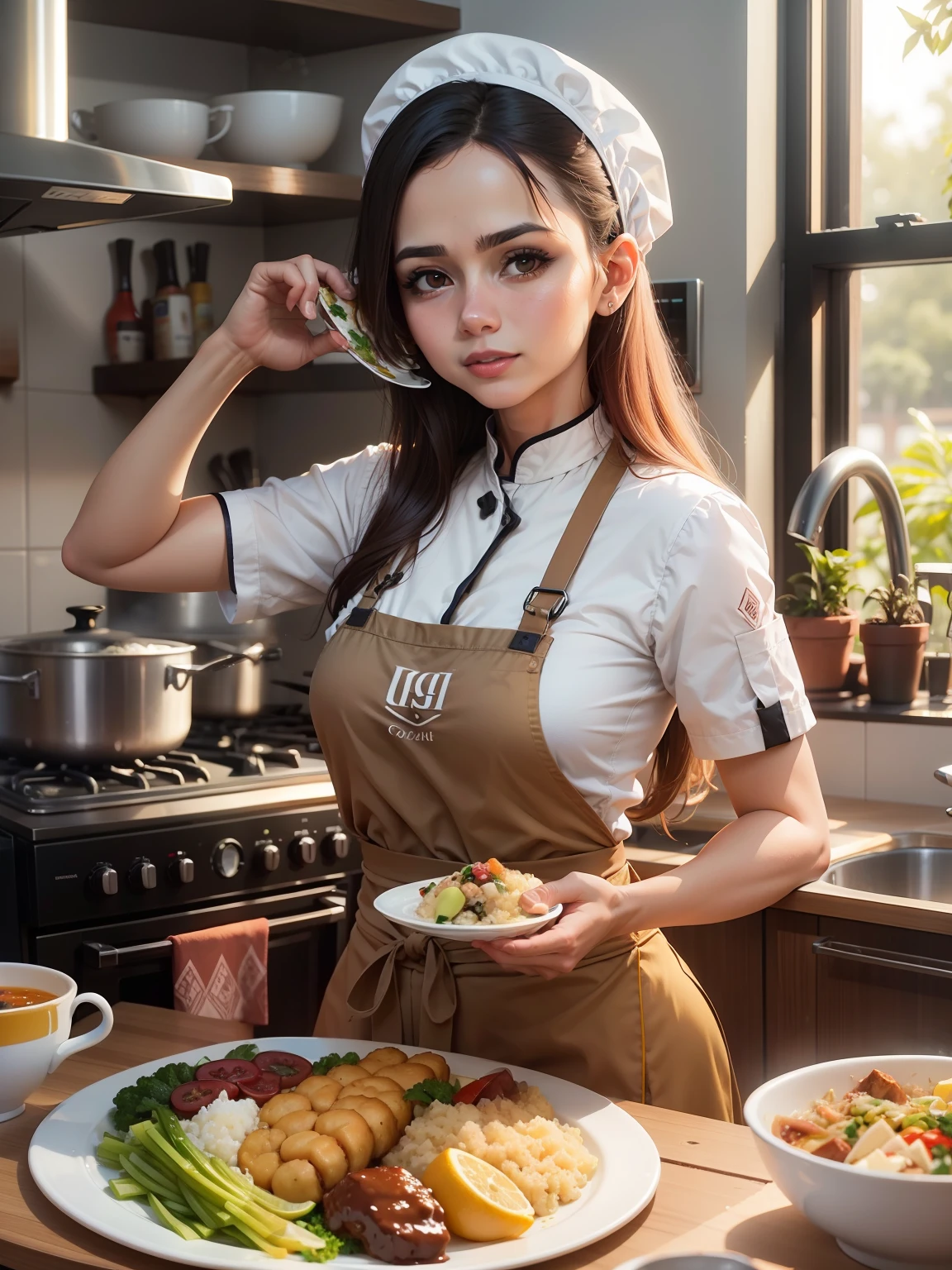 A imagem deve ser uma fotografia de uma mulher cheff de cozinha com uma bandeja na mao