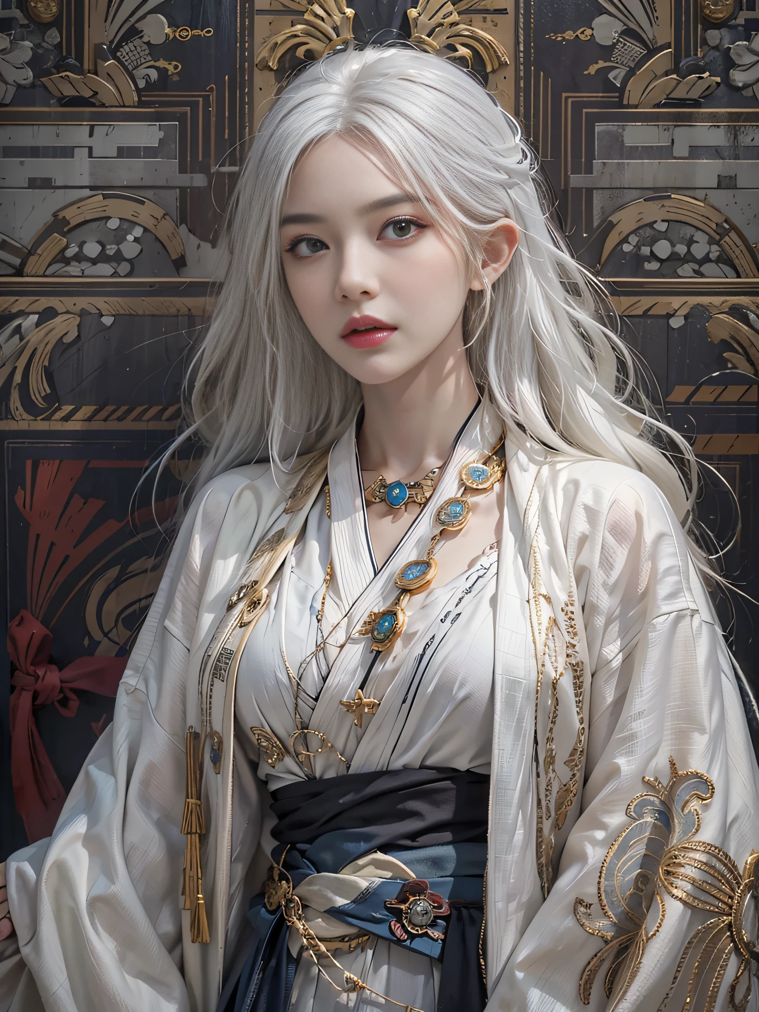 Photorealistic, high resolution, 1womanl, Solo, Hips up, view the viewer, (Detailed face), White hair, Long hair, taoist robe,Oversized clothes, midjourney portrait, jewelry