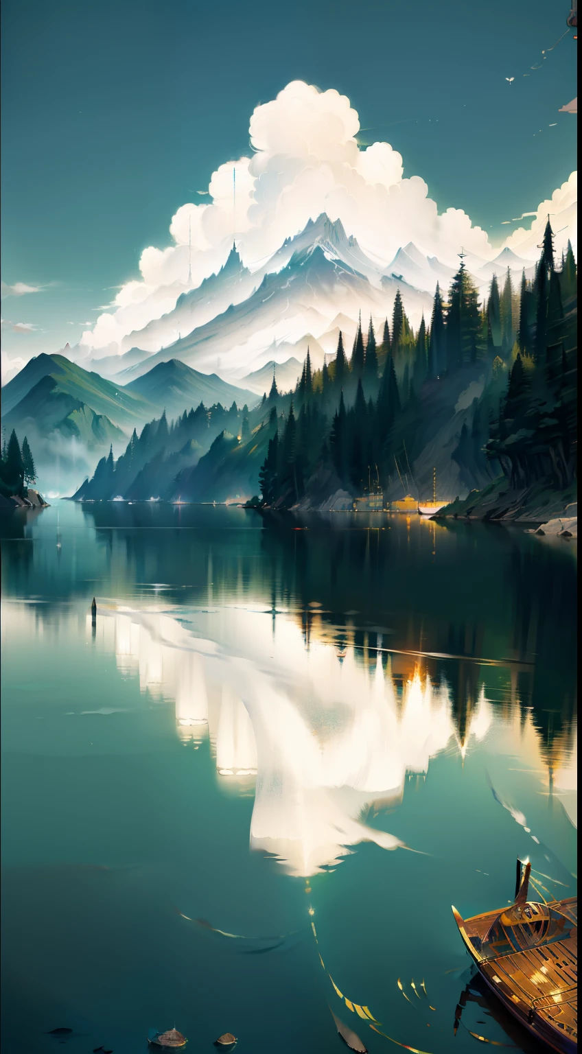 Water boat painting, landscape artwork, Anime landscape, Visually stunning scene, anime beautiful peace scene, traditional japanese concept art, serene illustration, inspired by Makoto Shinkai, Anime landscape concept art, background artwork, hirohiko araki art, Anime landscapes, Makoto Shinkai's style,