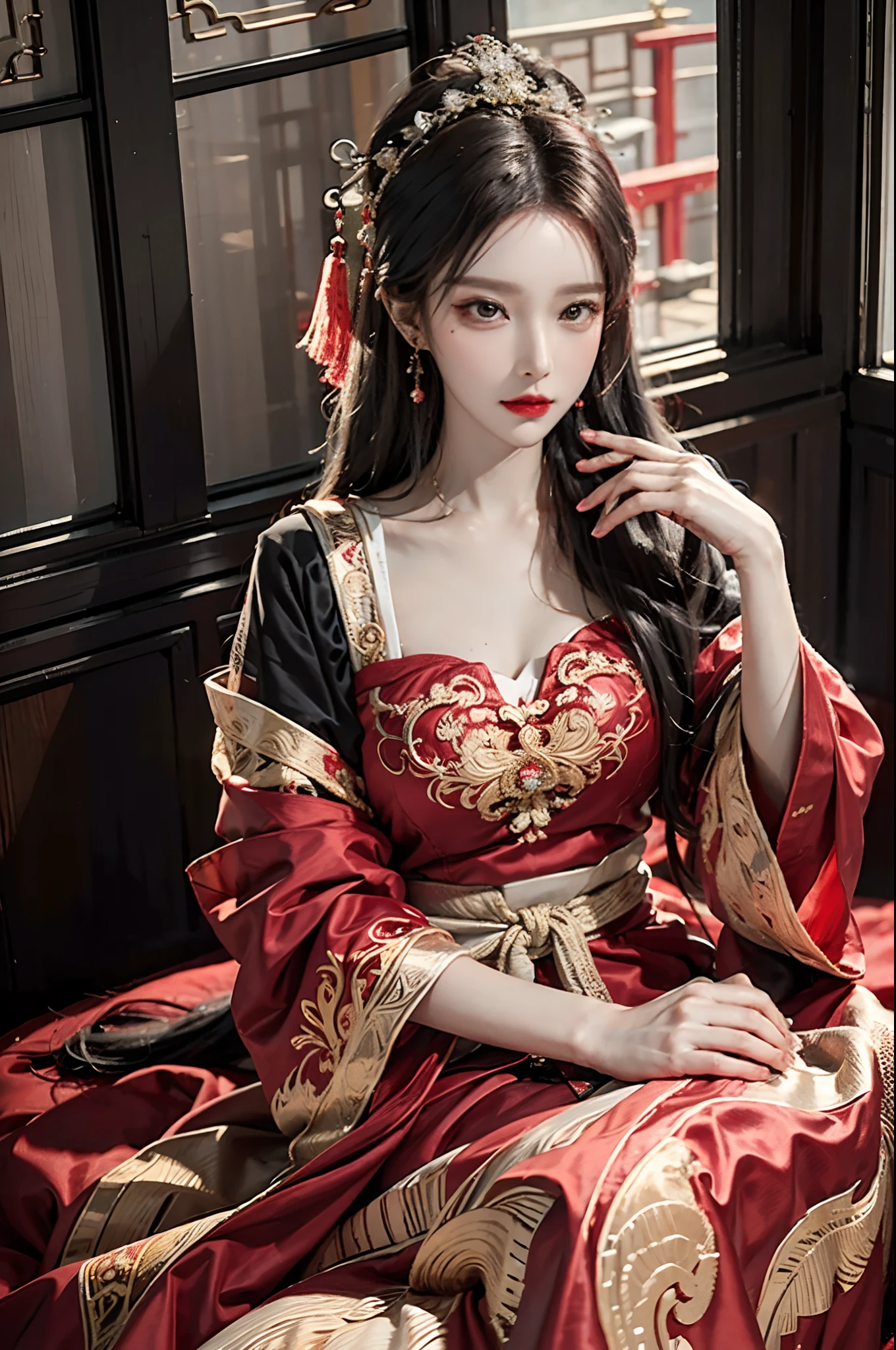 (Best quality: 1.1), (Realistic: 1.1), (Photography: 1.1), (highly details: 1.1), A man wears a red and gold dress,Woman with a crown on her head, A hair stick, (sitting on red bed), Blushing, Shy, black_Hair, crown, Looking down, (2 red candles), Chinese_clothes, Curtains, Earrings, Hair_decorations, Hanfu, interiors, jewelry, Long_Sleeves, Red dress, Redlip, nipple tassels, (Red quilt), (red palace: 1.2), (3DMM: 1.5),mix4,