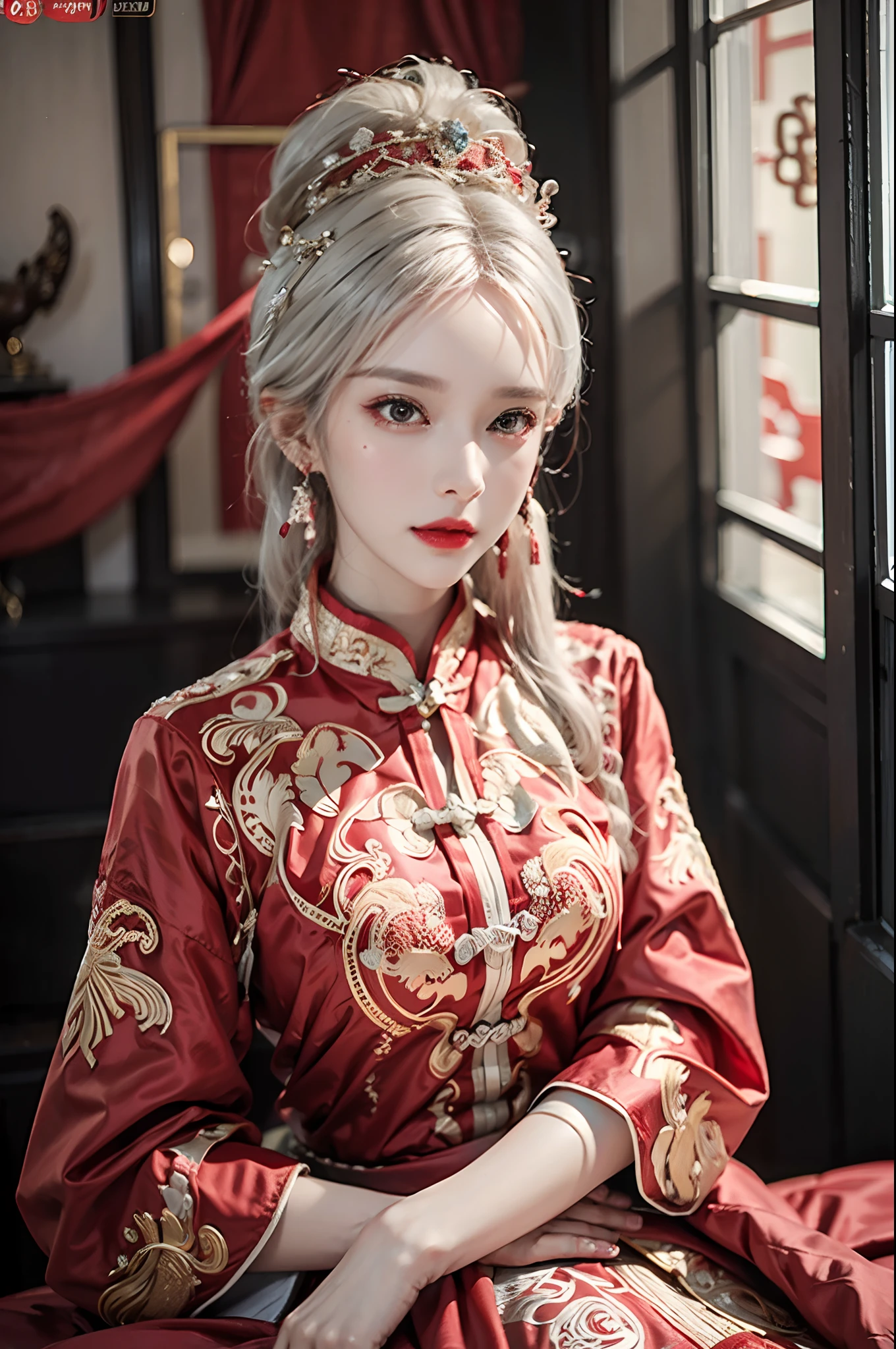 (ultra realistic 8k CG:1.2),perfect artwork,delicate pattern,intricate detail, (unparalleled masterpiece,best quality:1.2),(extremely intricate:1.2),a woman in a red and gold dress, Phoenix crown,hair stick,(sitting on red bed),Cosmetic,blush,shy,black_hair, looking down, Cosmetic,(forehead dot),(2 red candles), chinese_clothes, curtains, earrings, white hair, hair_ornament, hanfu, indoors, jewelry, red nails, long_sleeves, red dress, red lips, tassel, (Red quilt),(red palace:1.2),(ancient Chinese architecture),(red:1.8),night
