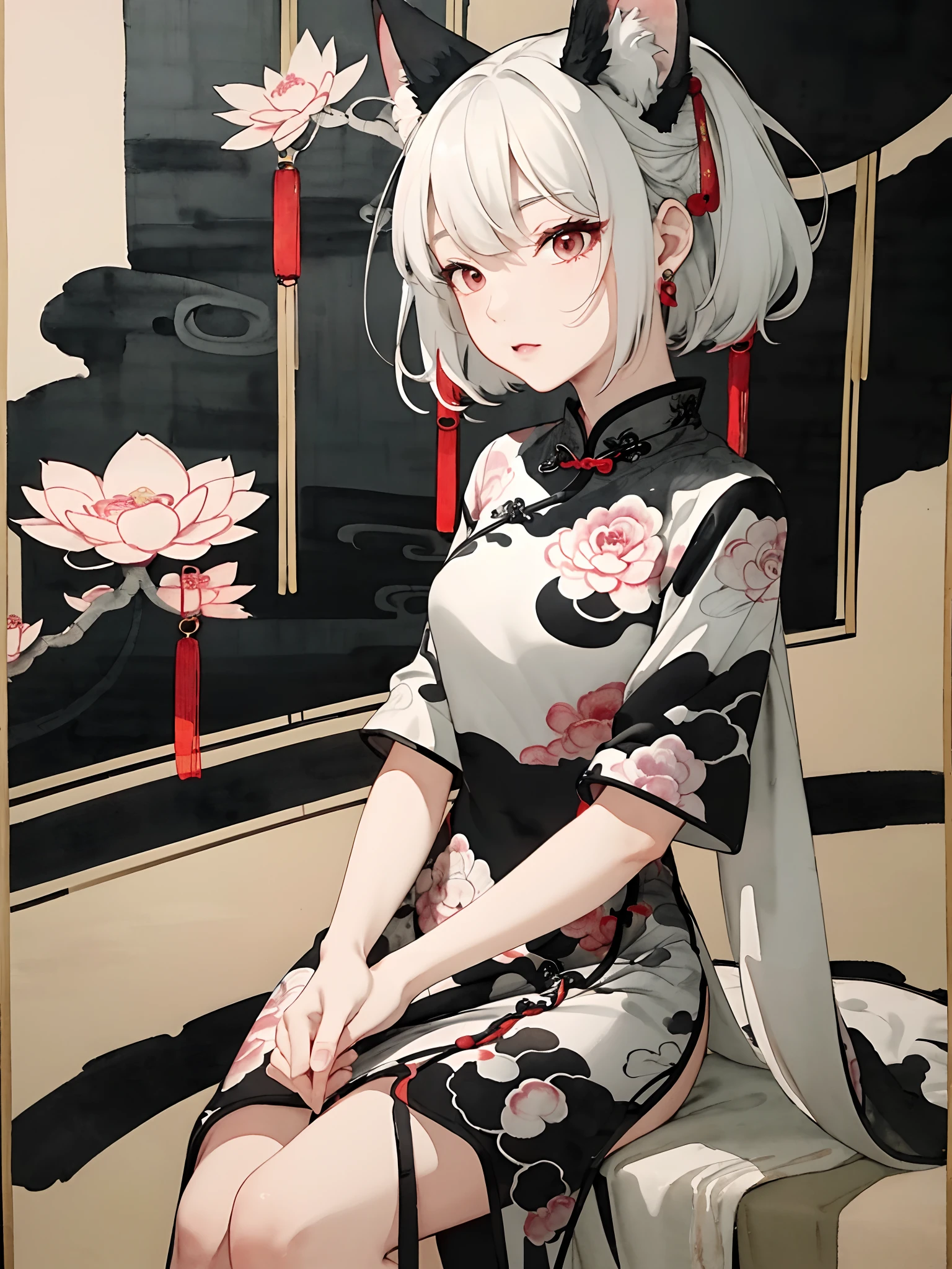 ((4K、​masterpiece、top-quality))、((Traditional Chinese Ink Painting:1.4)),lotuses,((qipao dress:1.3)),Dress conservatively ,独奏、white  hair、fox ear、blanche,looking at viewert
