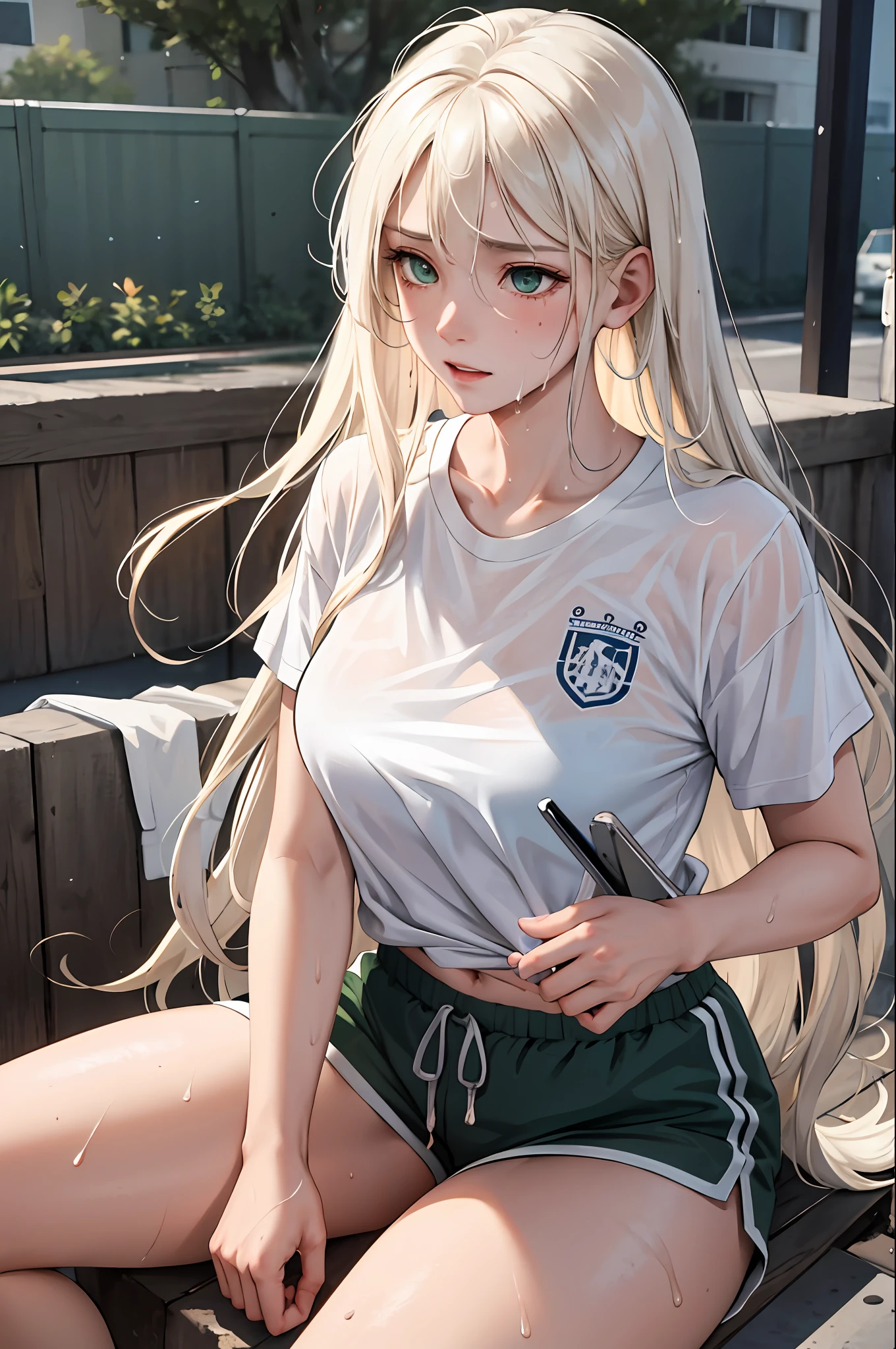 (masterpiece:1.2, best quality), (real picture, intricate details), 1lady, solo, whole body, sitting down, casual, long hair, minimal makeup, natural fabrics, school, really long light platinum blonde hair, bangs, green eyes, big breasts, school PE shorts, small shorts, athletic shorts, wet, sweaty transparent white t-shirt, wet t-shirt, school PE t-shirt, plump breasts, thin waist, sweaty, tired, red face, sweaty body, glistening.