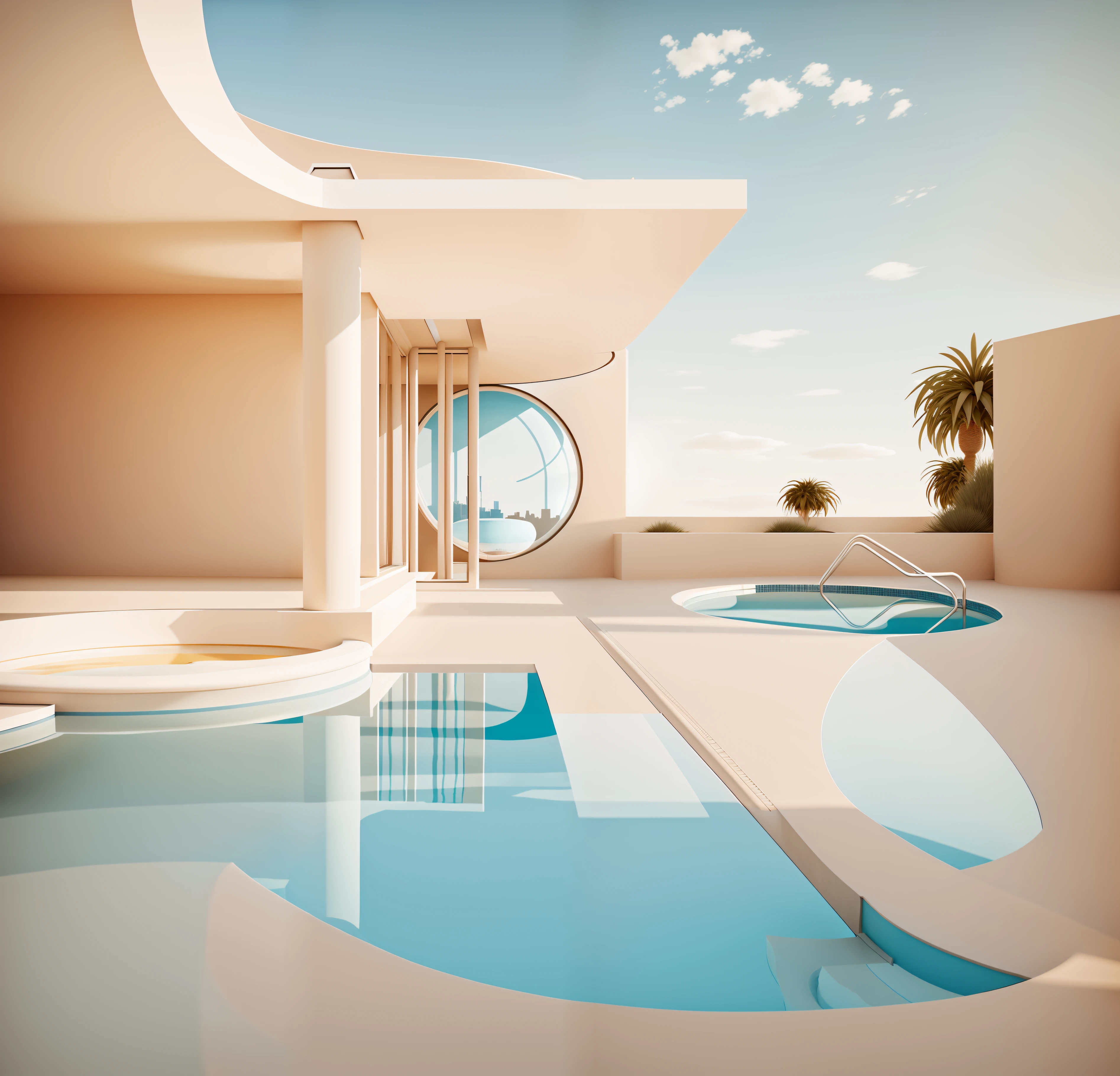 Close-up of swimming pool with round window and sky background, inspired by Ricardo Bofill, muted flat surreal design, in a futuristic desert palace, with surreal architecture, Minimalist architecture, rounded architecture, muted colors with minimalism, beautiful aesthetic design, in style of 3d render, surreal 3 d render, arhitectural shot, surreal architecture, surrealistic roman architecture