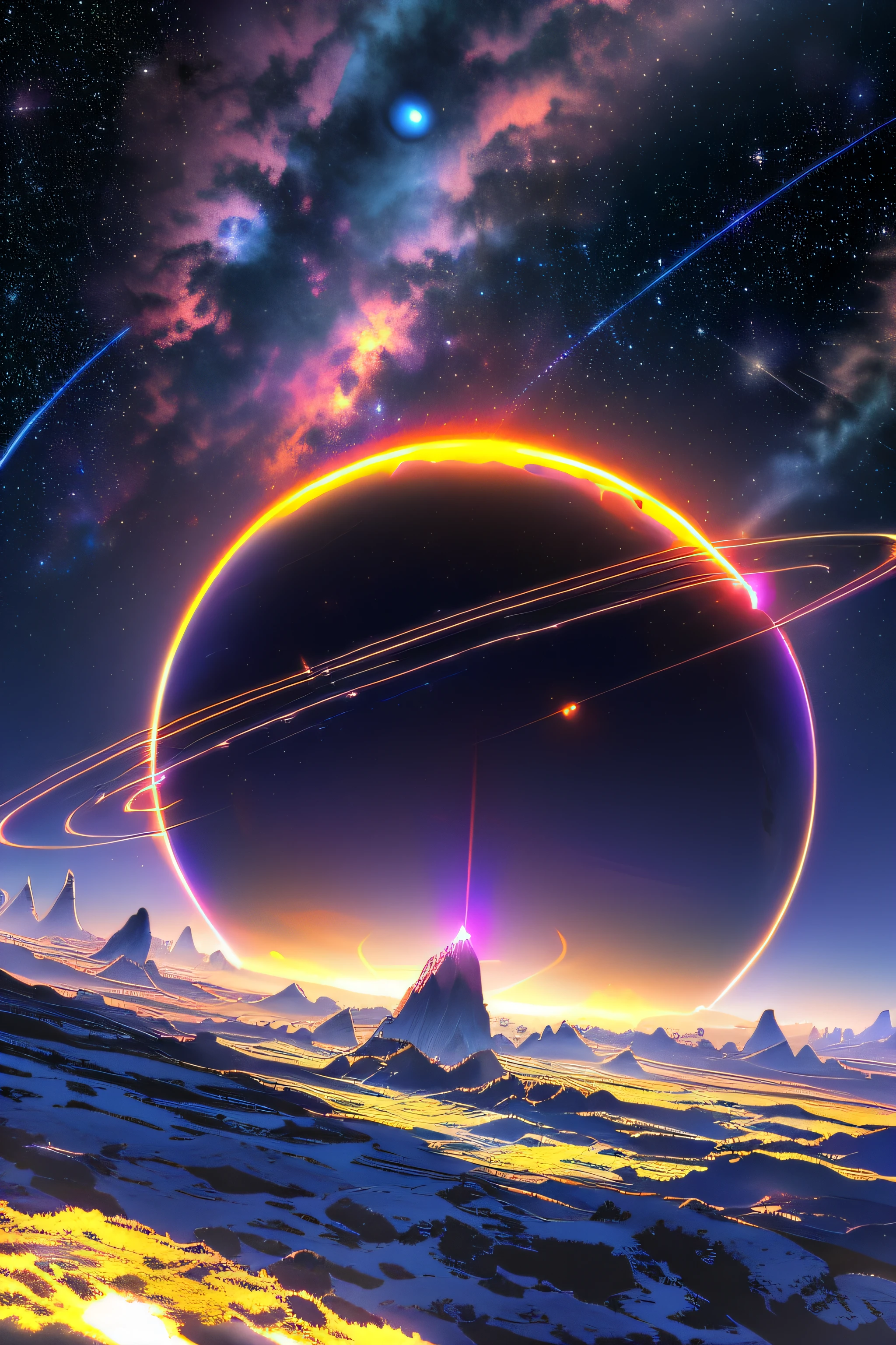 Close-up of a planet with a ring of fire in the sky, planet with rings, Ring World, ringed planet in the sky, 4k highly detailed digital art, parhelion atmospheric halos, arstation and beeple highly, sunset on distant machine planet, by Mike "beeple" Winkelmann, epic stunning atmosphere