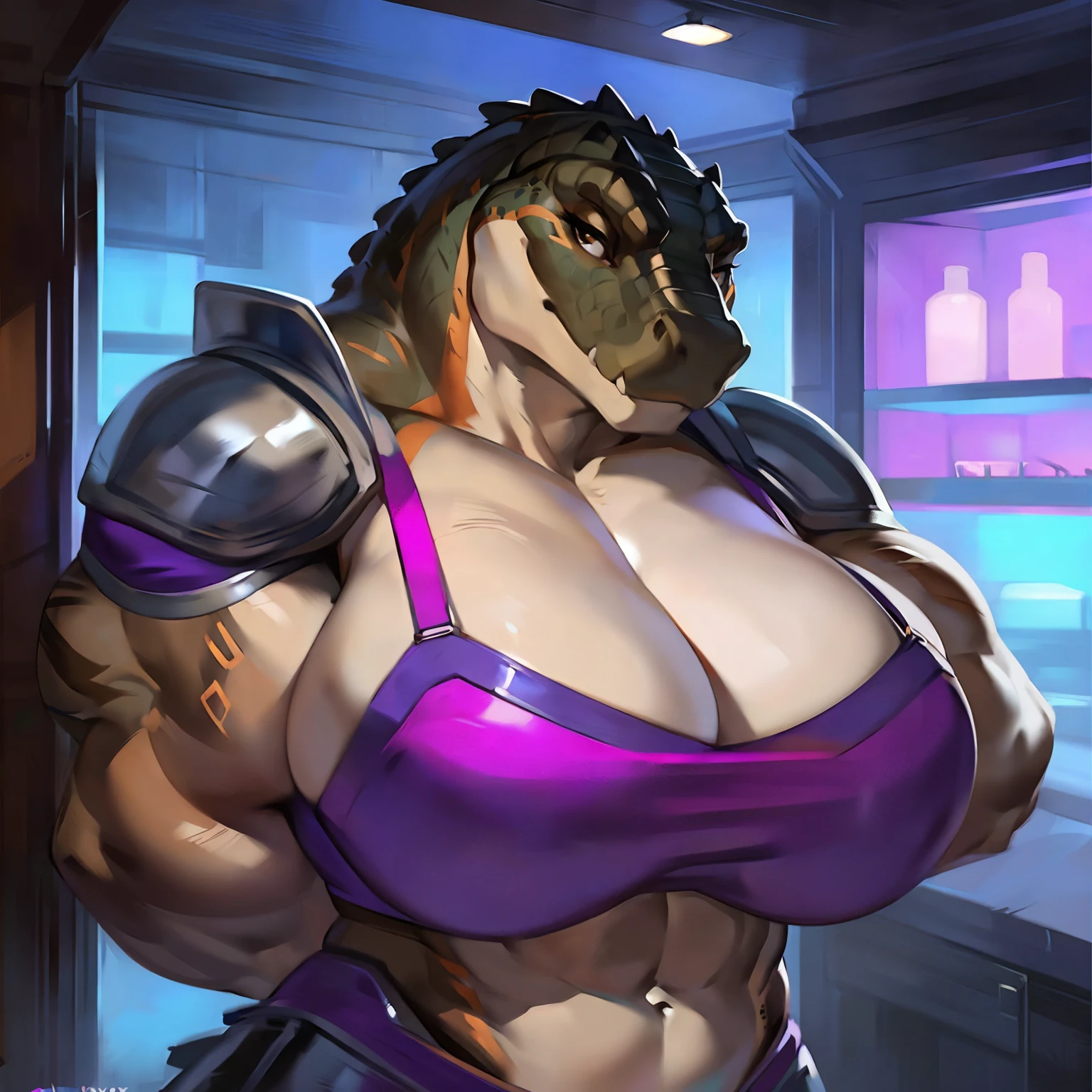 Solo, (((female))), standing, snout, by honovy, by foxovh, by Pixelsketcher, (by chunie, by mystikfox61, by darkgem), detailed eyes, (((massive breasts))), ((eyelashes, brown alligator)), ((hands behind back, facing viewer)), (((muscular, massive, biceps, broad shoulders))), silver shoulder pads, silver armor, ube colored spacesuit