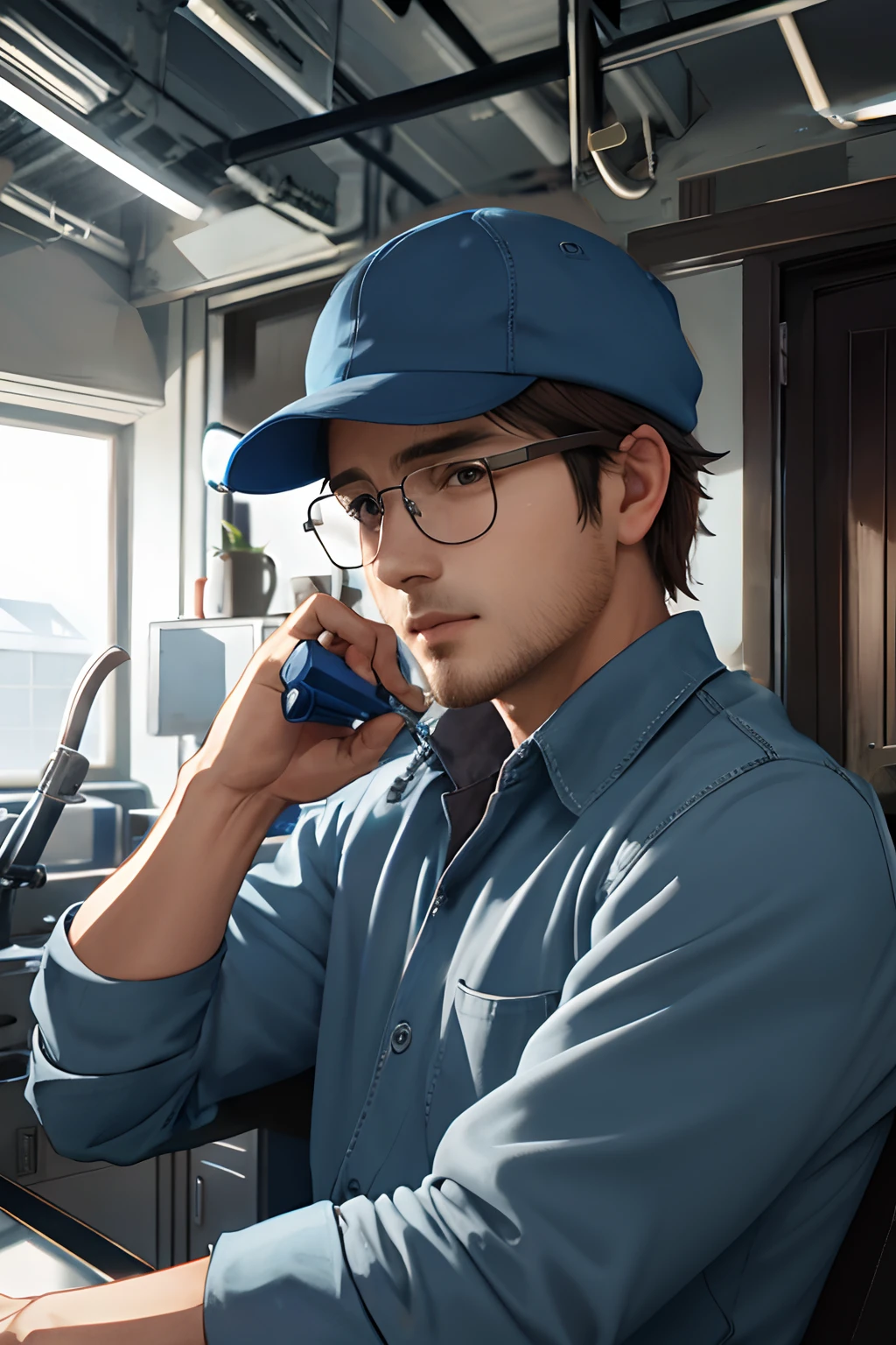 The background reflects the door、Man is working with pliers
