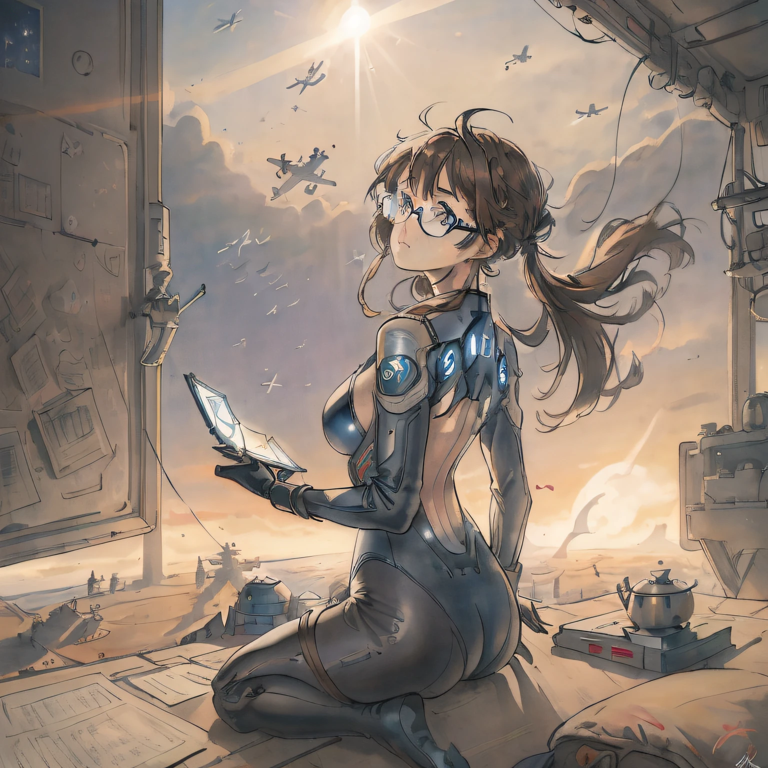 ((masterpiece)), (((best quality))), ((ultra-detailed)), ((illustration)), ((disheveled hair))，space，spacecraft，（spacecraft_interior：2.0），border，floating，form behind，glowing，grey border，Science fiction，{{extremely detailed CG unity 8k wallpaper}}，super fine illustrations，the best quality，cockpit，holographic monitor，horizon，realistic，plane，1girl ，bangs ，blue eyes ，bodysuit，book，brown hair ，cable ，cockpit ，computer ，drawing tablet ,earth (planet) ，floating ，floating book ， floating object ，glasses，graphite (medium) ，grey bodysuit，hair over shoulder，juice box， laptop ，long hair， looking to the side，planet，scenery ，screen，semi-rimless eyewear，sitting，solo，space station，star，sunlight，sunrise，traditional media，kunder-rim eyewear，window，zero gravity，（aerial battle),（battle),（crossover ),(dogfight ),(backlight:1.5),middle