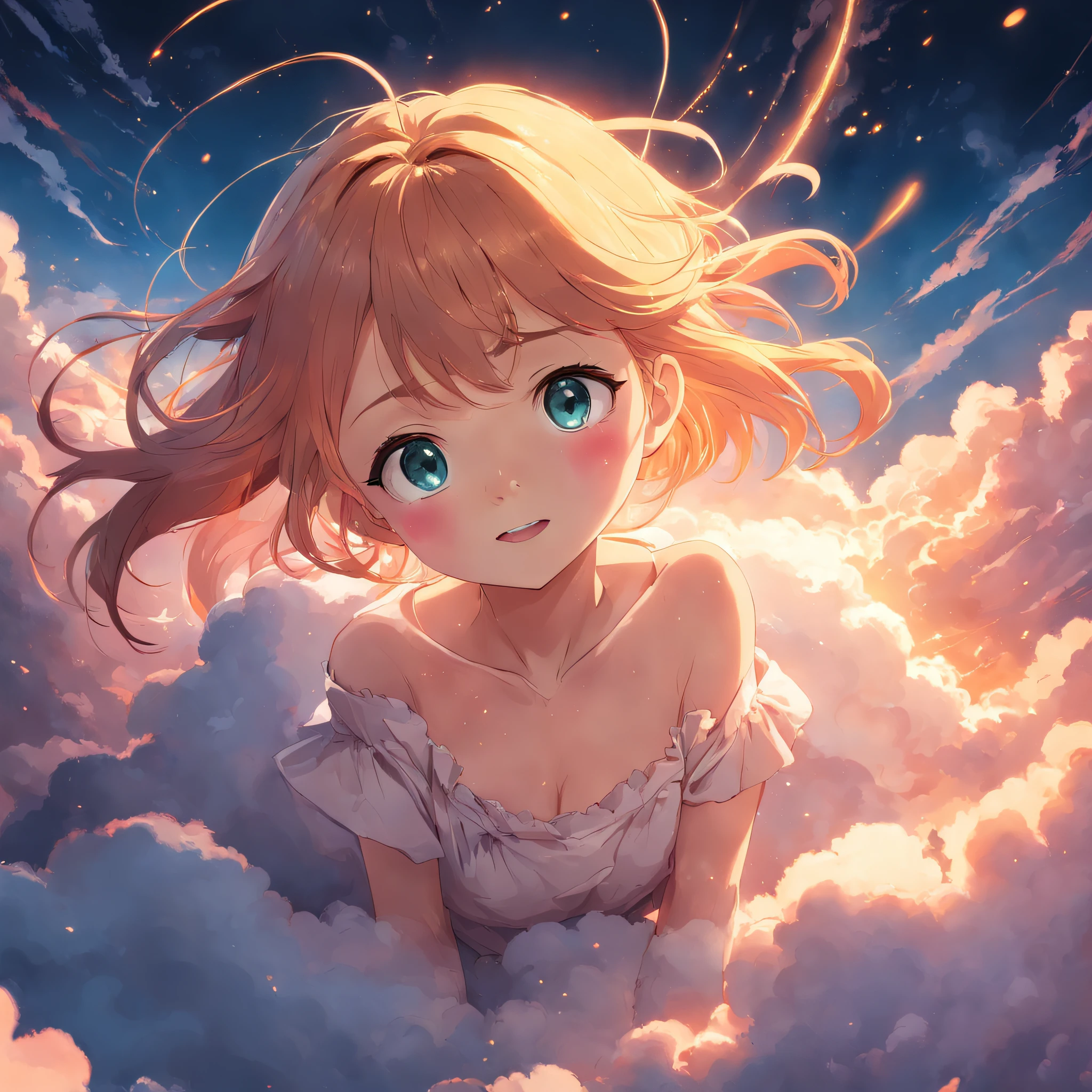 masterpiece, best quality, movie still, 1girl, cloud girl, floating in the sky, close-up, bright, happy, warm soft lighting, sunset, (sparks:0.7)