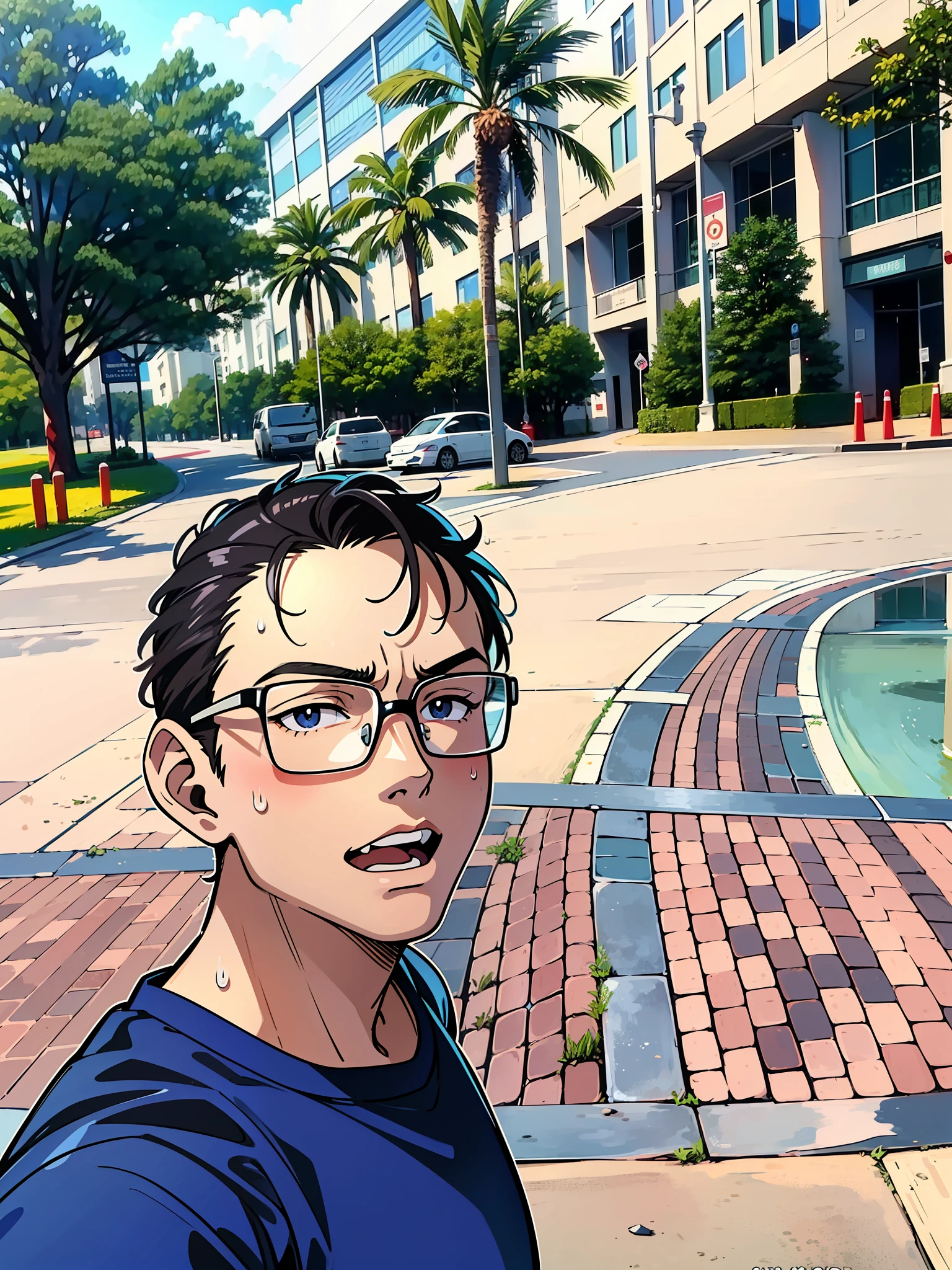 A young anime cute boy with rectangle glass, run in the park, anime background, anime building (back display 1.5) (running action 1.5)  (sweat 1.5) (background is cliff 1.5) anime style 4 K, anime rendering, anime style. handsome anime face (upper body display 1.5) (handsome boy 1.3), no water, no shadow