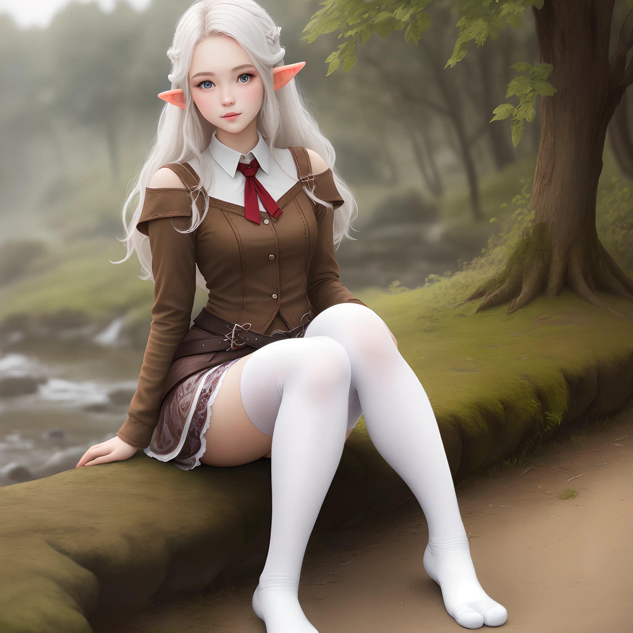 An 18-year-old elven girl wearing white stockings