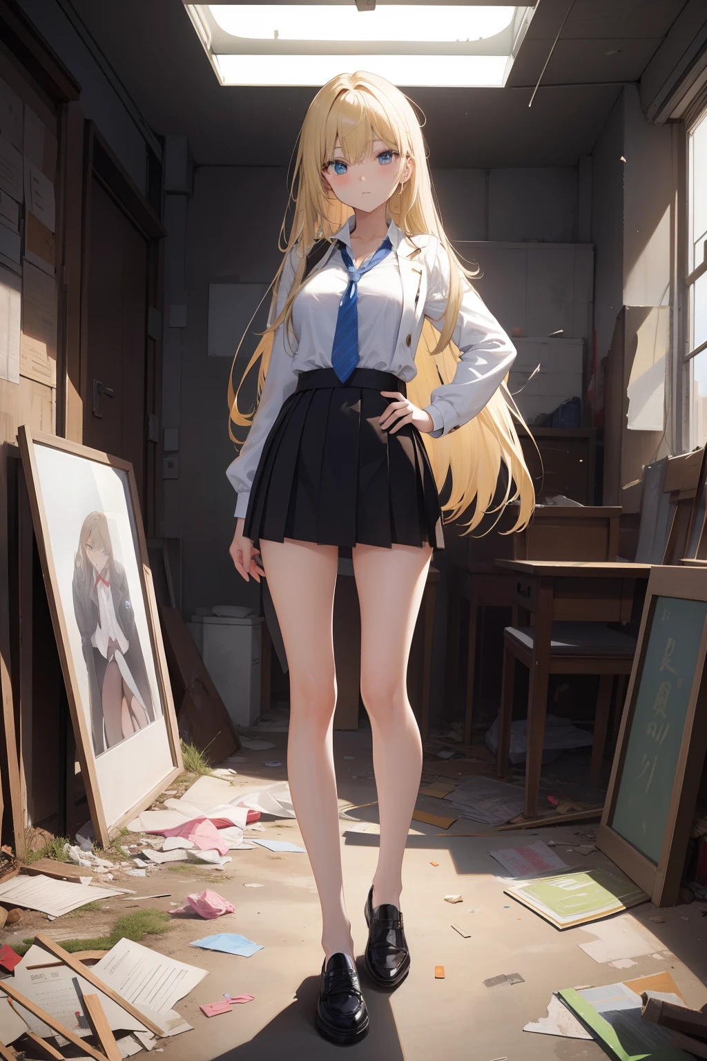 top-quality、​masterpiece、Closed，[[Inside a destroyed classroom]]Garbage all over the ground，Unclean，Sexy Standing Pose，Very beautiful slim legs，a blond、校服、blazers、exhibitionists，