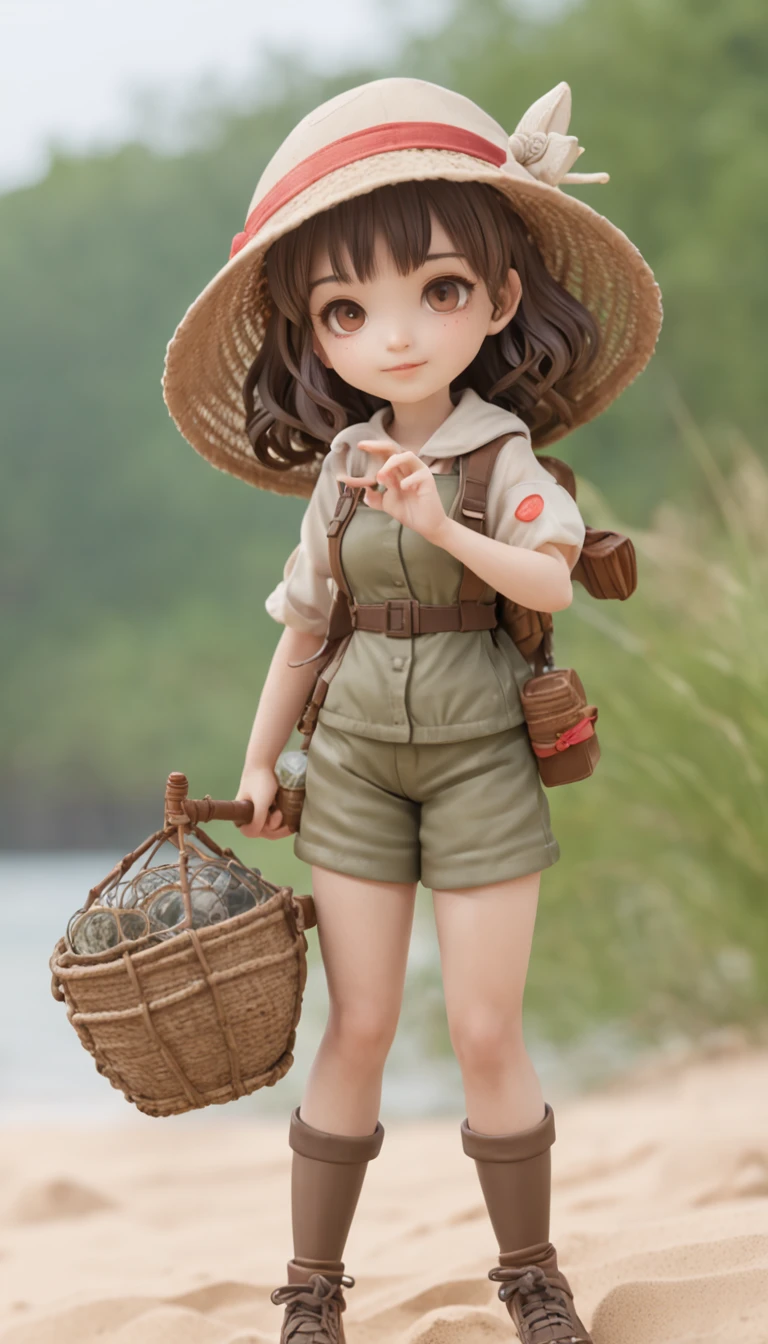 Cartoon girl with hat and fishing net, ((Sand)) Insect trainer girl, Use a fisherman 🧥, heroines 👀 :8, chihiro! fujisaki, female explorer mini cute girl, Fanart, official fanart, High-quality fan art, touhou character, Abigail Dede Staru Valley, A full-length portrait of a short film!, Anime style, Ghibli style, resin,Q version characters