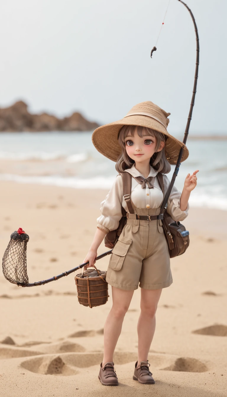 Cartoon girl with hat and fishing net, ((Sand)) Insect trainer girl, Use a fisherman 🧥, heroines 👀 :8, chihiro! fujisaki, female explorer mini cute girl, Fanart, official fanart, High-quality fan art, touhou character, Abigail Dede Staru Valley, A full-length portrait of a short film!, Anime style, Ghibli style, resin,Q version characters