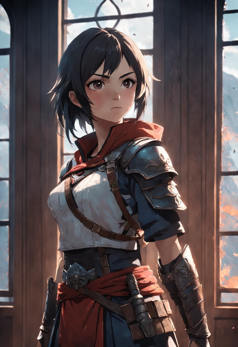 Portrait of a female warrior standing in front of the window, Assassin's Creed game, photograph realistic, postapocalypse