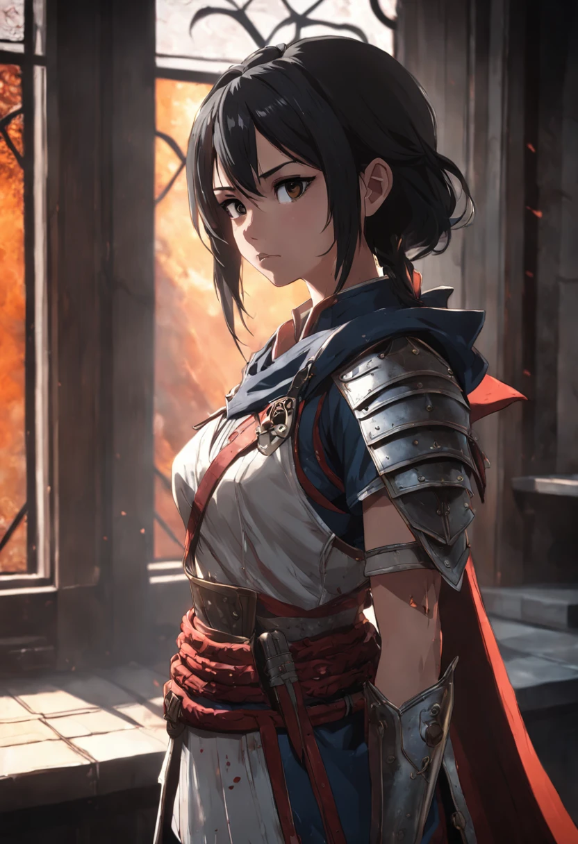 Portrait of a female warrior standing in front of the window, Assassin's Creed game, photograph realistic, postapocalypse