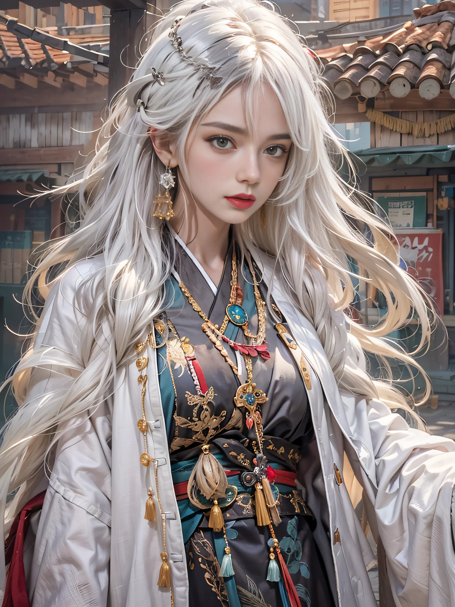 Photorealistic, high resolution, 1womanl, Solo, Hips up, view the viewer, (Detailed face), White hair, Long hair, taoist robe,Oversized clothes, midjourney portrait, jewelry