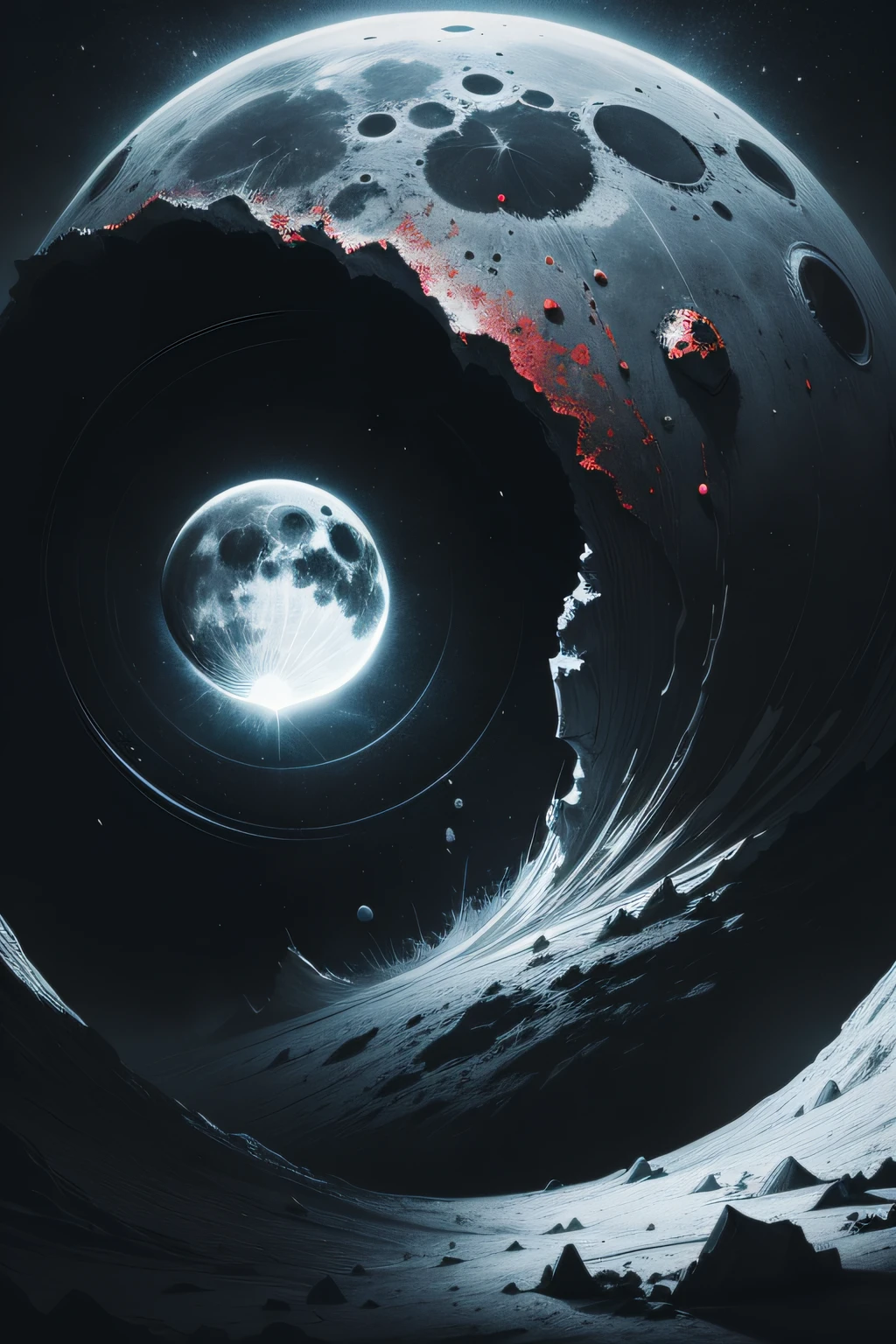 bleeding moon, low details, digital art, solid colors, sharp focus, print art, black and white, empty background, art style, cosmic horror. IN THE SHIRT PRINT STYLE