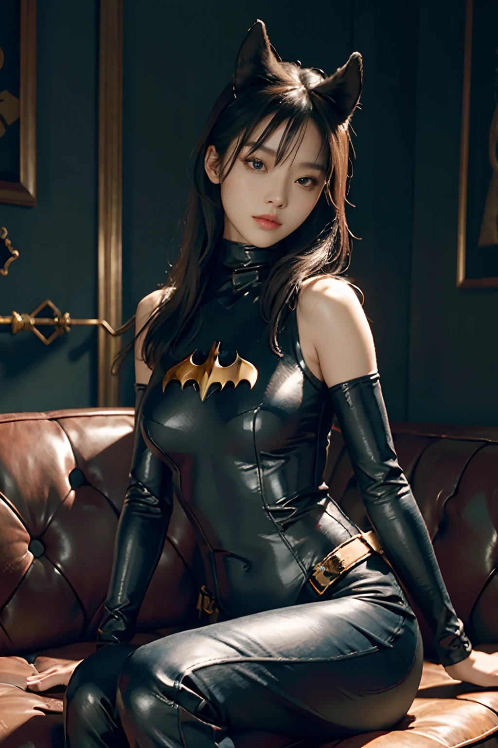 primitive,tmasterpiece,ultra fine photos,,best qualtiy,超高分辨率,Photoreality,rays of sunshine,full-body portraits,stunningly beautiful,,dynamicposes,delicated face,Vibrant eyes,(seen from the side),She was wearing black pantyhose,turtleneck top,cropped shoulders,Batman ears,Sit on a leather sofa,very highly detailed background,detailed face with,Detailed and complex busy background,Untidy,opulent,milkyW,Highly detailed skin,Realistic details of skin,Visible Pore,tack sharp focus,volume fog,8K UHD,digital SLR camera,high qulity,filmgrain,White skin of the,photo-realism,DL,Huge metropolis in a dystopia of the future , look from down, semi transparent