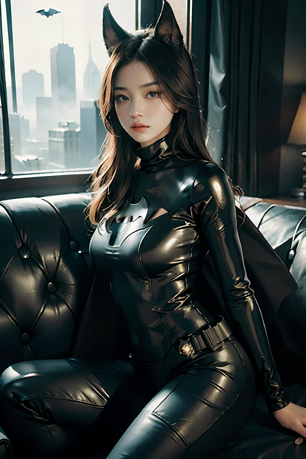 primitive，tmasterpiece，ultra fine photos，，best qualtiy，超高分辨率，Photoreality，rays of sunshine，full-body portraits，stunningly beautiful，，dynamicposes，Chinese beautiful woman，Vibrant eyes，（seen from the side），She wears a futuristic Batman costume，tight leather pants，turtleneck top，cropped shoulders，Batman ears，Sit on a leather sofa，very highly detailed background，detailed face with，Detailed and complex busy background，Untidy，opulent，milkyW，Highly detailed skin，Realistic details of skin，Visible Pore，tack sharp focus，volume fog，8K  UHD，digital SLR camera，high qulity，filmgrain，White skin of the，photo-realism，DL，Huge metropolis in a dystopia of the future , look from down, semi transparent