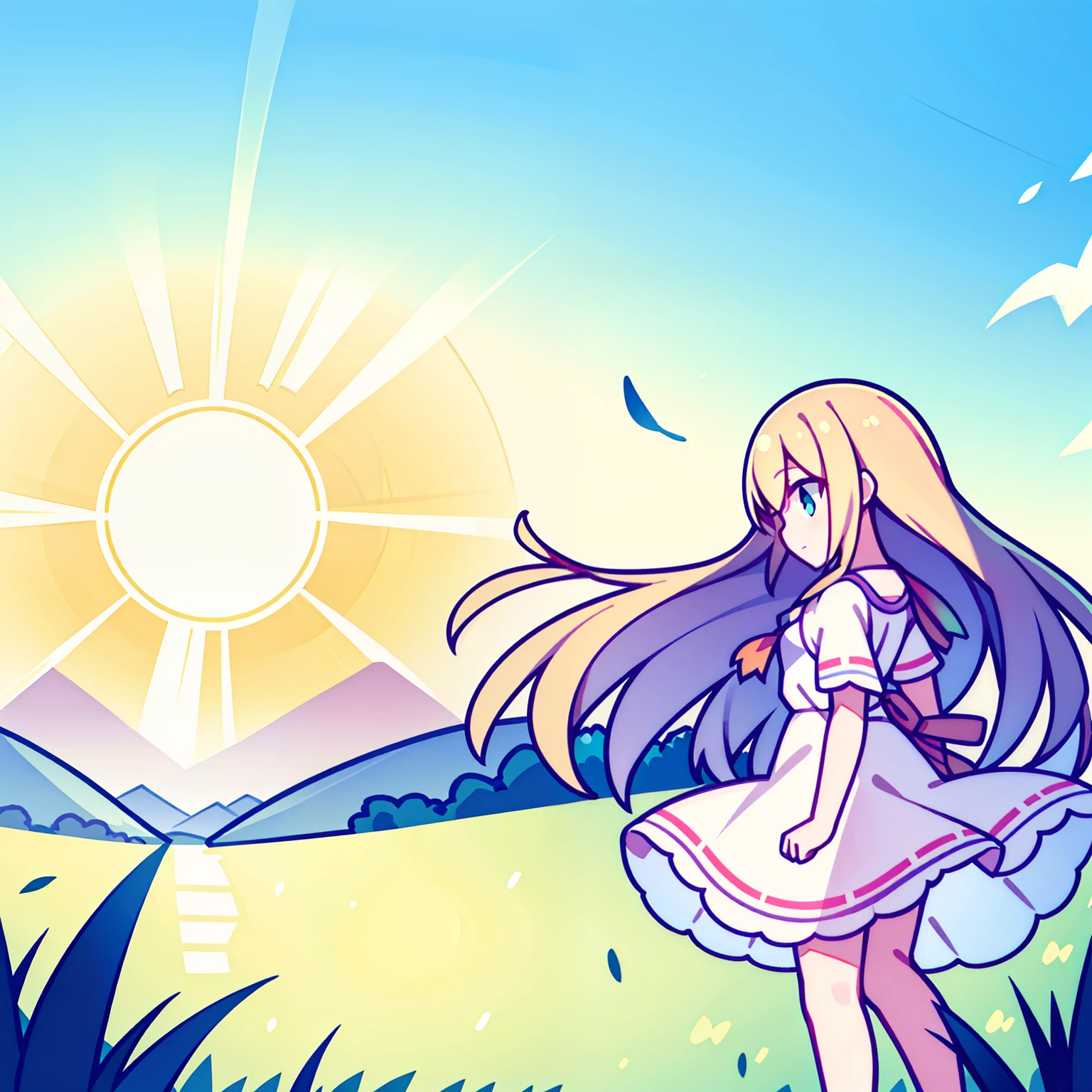 Morning,On the grass sat a girl with long hair,Hair fluttering,Summer scene,The wind is blowing,There is the sun,Summer landscape