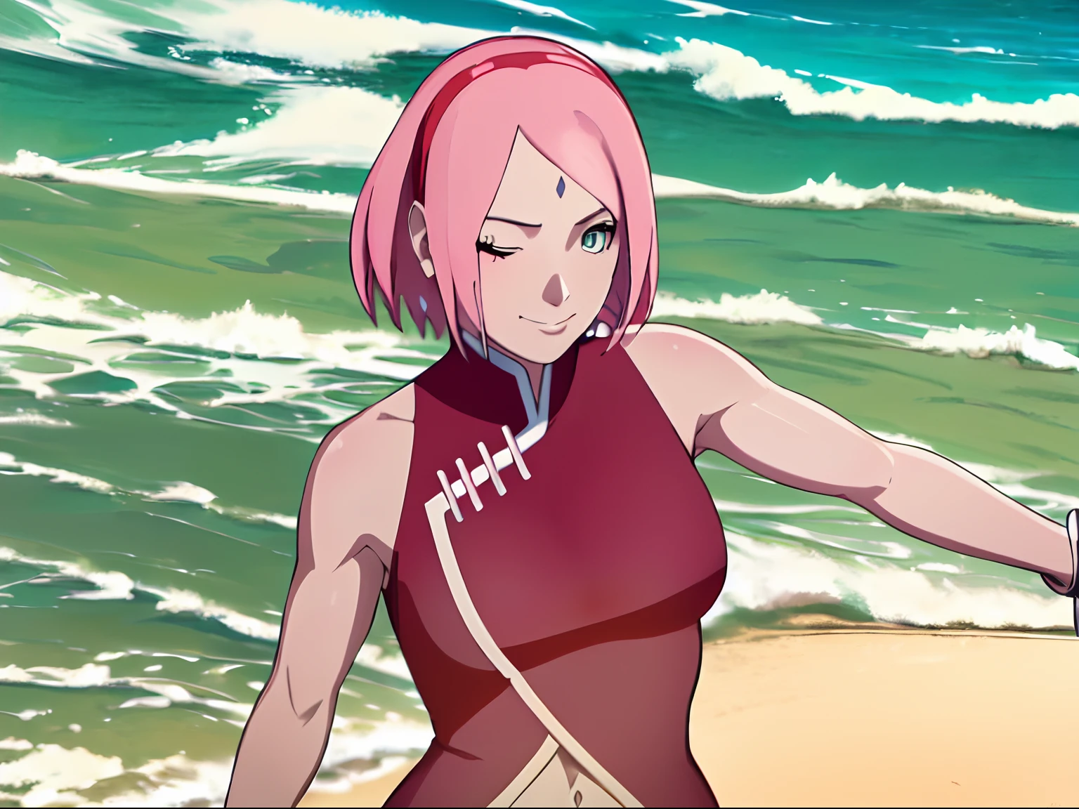 masterpiece, 4k, portrait, closeup, professional artwork, detailed beach background, intricate details, colorful, digital blending, (ultra detailed body, ultra detail hair, ultra detail face), trending on pixiv, kind smile, best quality, anime style: 1.9, 1girl, hires, haruno sakura, (forehead mark, milf, red hairband, pale skin, short hair, ((red sleeveless dress), white pants), (navel, belly button, bracelet, pink hair, closed mouth, big eyes), smile, beach, wind, floating hair, detailed arms, off-shoulders, broad shoulders, slightly muscular arms, (dirty armpits, armpit pocket), standing, winking, one eye closed)