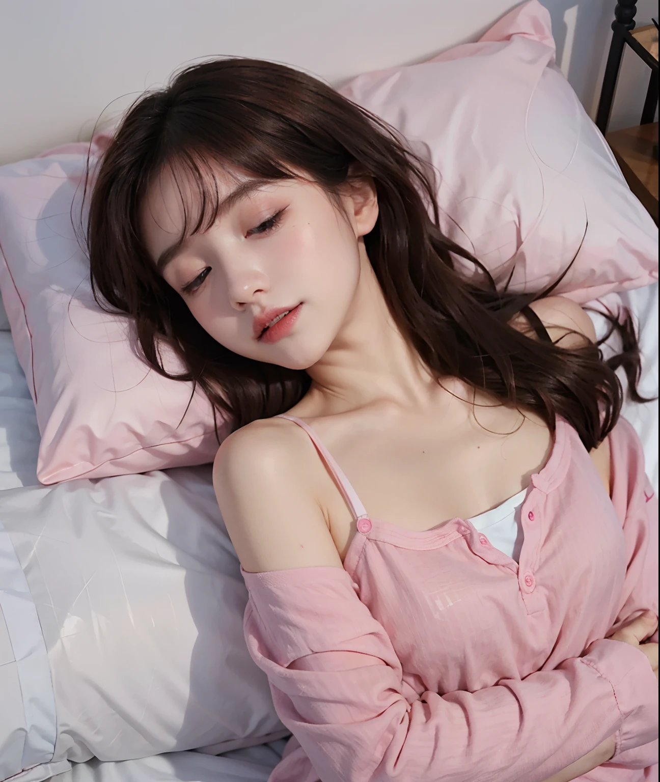 Sleeping girl, 22 years old, realistic, she is wearing long pants, she is wearing pink pajama, brown hair.