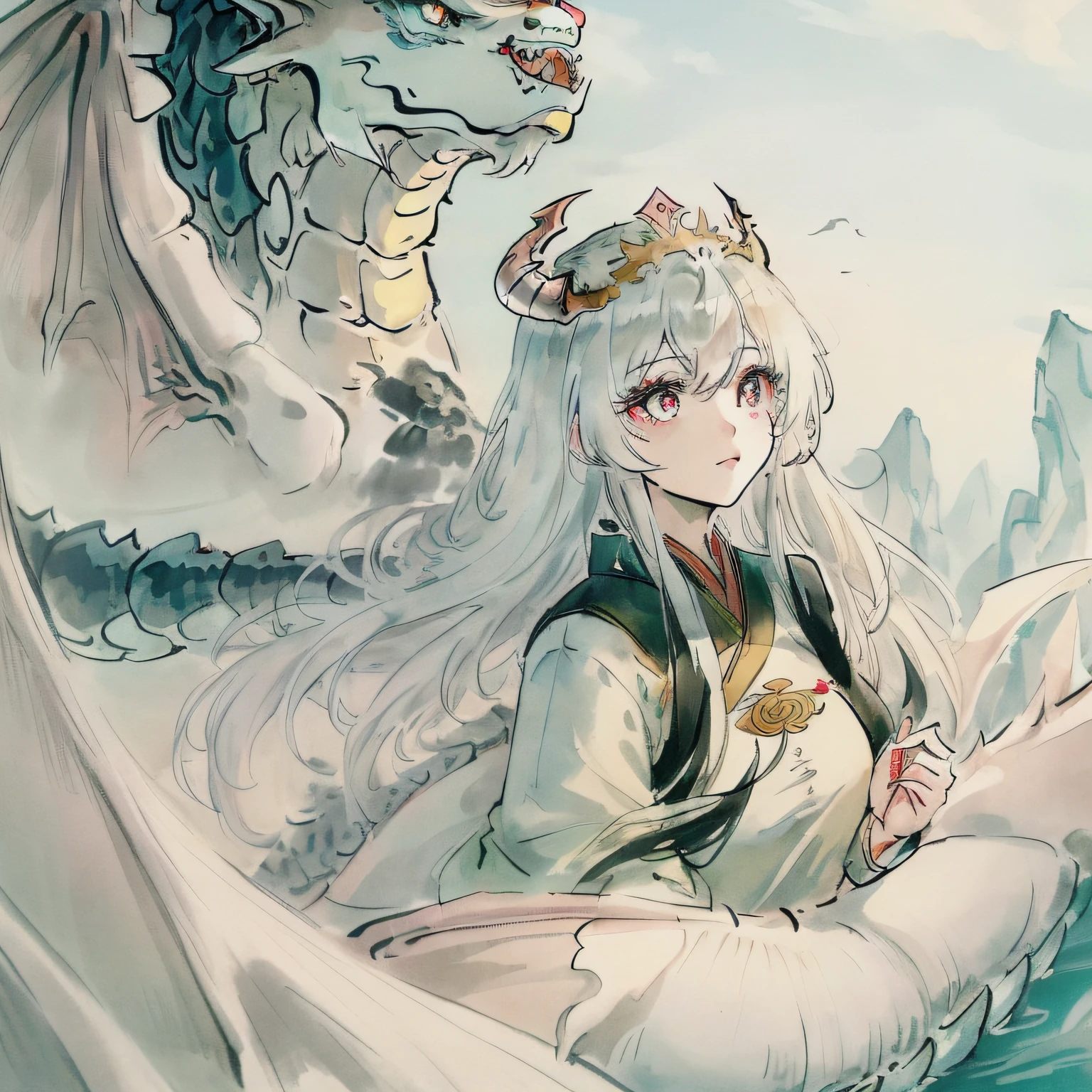 (masterpiece), (best quality), (super delicate), (illustration), (extremely delicate and beautiful), (dynamic angle), white and black highlights, (legendary Dragon Queen:1.3)(1 girl), Hanfu, (complex details) (beautiful and delicate eyes), golden eyes, green pupils, delicate face, upper body, messy floating hair, messy hair, focus, perfect hands, (fantasy wind)
core:(legendary Dragon Queen:1.3)
styled: (illustration) (fantasy wind)