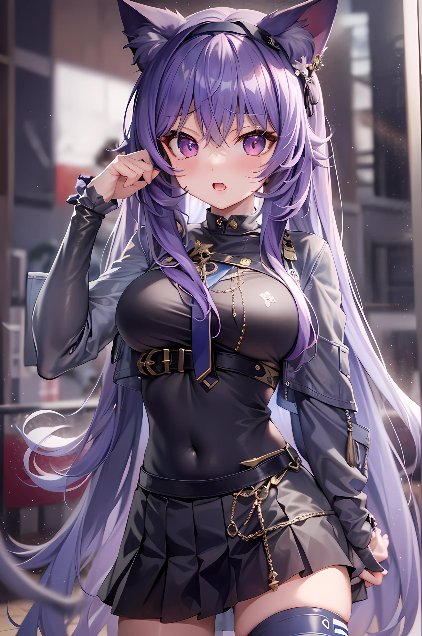 purple hair, purple hairband, purple eyes, color contact lenses, cat ears, tsundere, torogao, naughty face, full bodyesbian, anime style, ray tracing, perspective, UHD, masterpiece, ccurate, textured skin, super detail, high details, high quality, award winning, best quality, highres, 4K