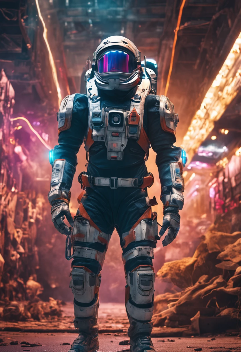 Bandcine style design Ruins of the building district Strong wind Man in a spacesuit