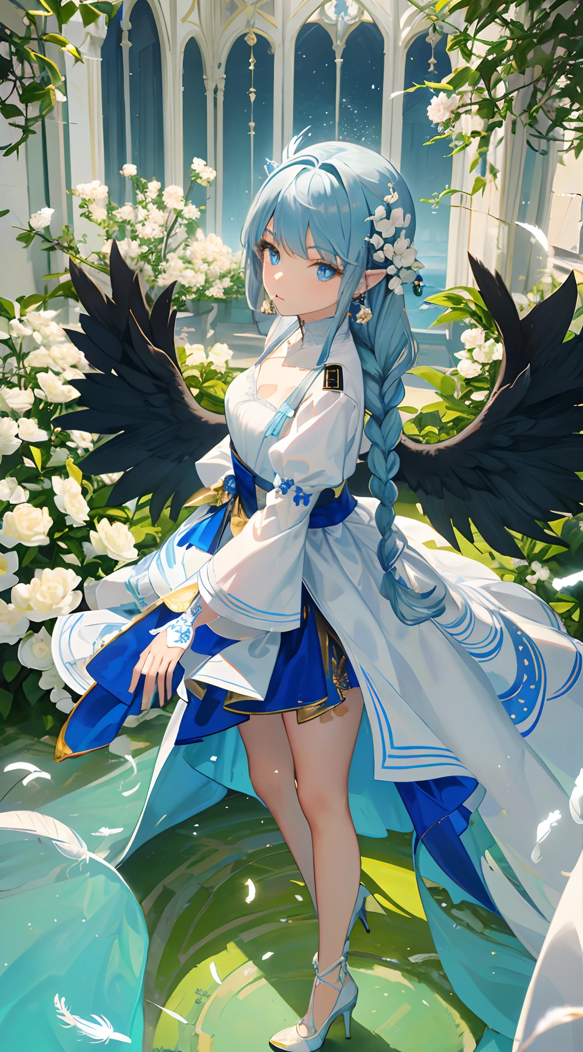 (looking-down),Dynamic Angle,ultra-detailliert, illustratio, gros-plan, Straight, One girl, (Fantasia:1.4), (azure eyes:1.233),(radiant eyes:1.233) ,(beautiful and delicate eyes:1.1),(Silver hair:1.14),(Long hair,Braids,hair between eye,side locks), (+(White feathers:1.14)),(Chiffon dress,Blue floral pattern on uniform)(no sleeves),(Fingerless gloves),a choker,high-heels,(deadpan,Mouth closure),(to stand), (classical Princess boudoir with dressing tableand french windowin a white ancient palaces),(white blossoms),(a dull blue world tree:1.14),Dreamy,(fluorescent),[Delicate fingers and hands:0.55],(Fine fingers),((Black Angel Wings))