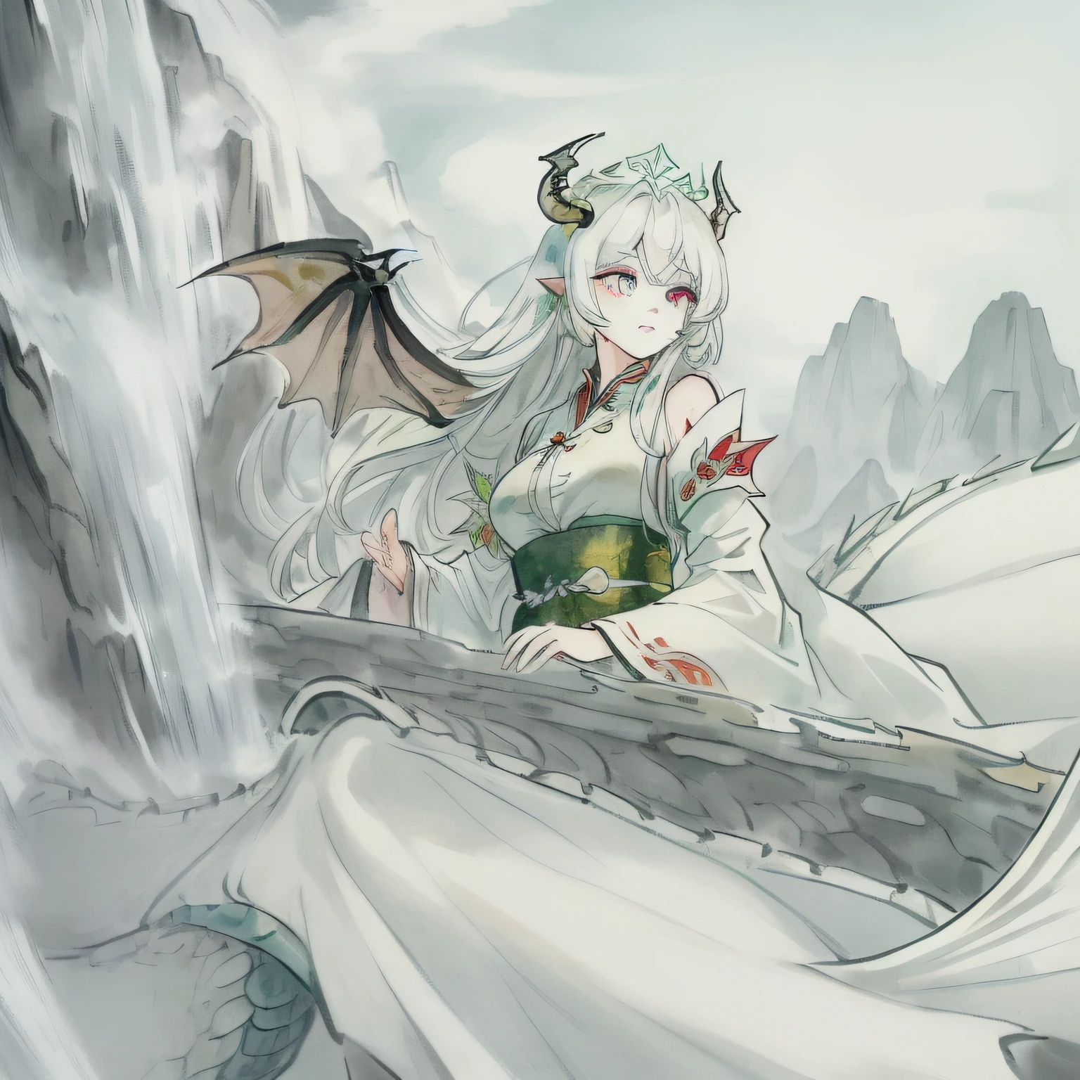 (masterpiece), (best quality), (super delicate), (illustration), (extremely delicate and beautiful), (dynamic angle), white and black highlights, (legendary Dragon Queen:1.3)（1 girl）, Hanfu, (complex details) (beautiful and delicate eyes), golden eyes, green pupils, delicate face, upper body, messy floating hair, messy hair, focus, perfect hands, (fantasy wind)

core：(legendary Dragon Queen:1.3)
styled： (illustration) (fantasy wind)