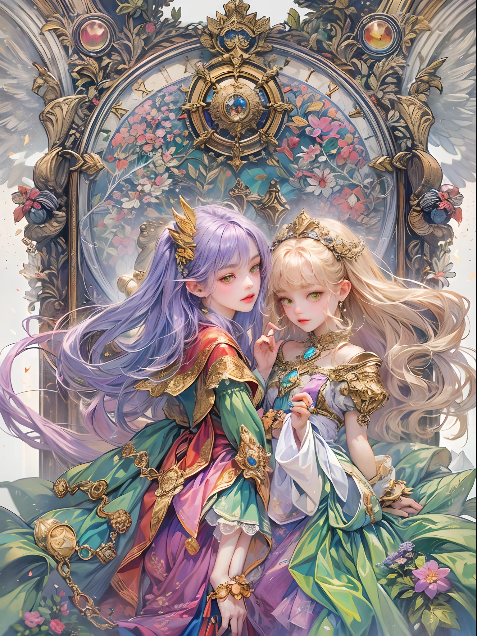 (absurdres, highres, ultra detailed, HDR), masterpiece, best quality, legend of mana character, heroine, detailed face, beautiful face with decorative detailed purple hair ornament, seraphina talking to a little black haired angel with yellow eyes white wings, green details , red touch and blue little outline,with pink magic mirror inside celestial palace, detailed character, detailed celestial place of goddess, laplace, detailed backdrop