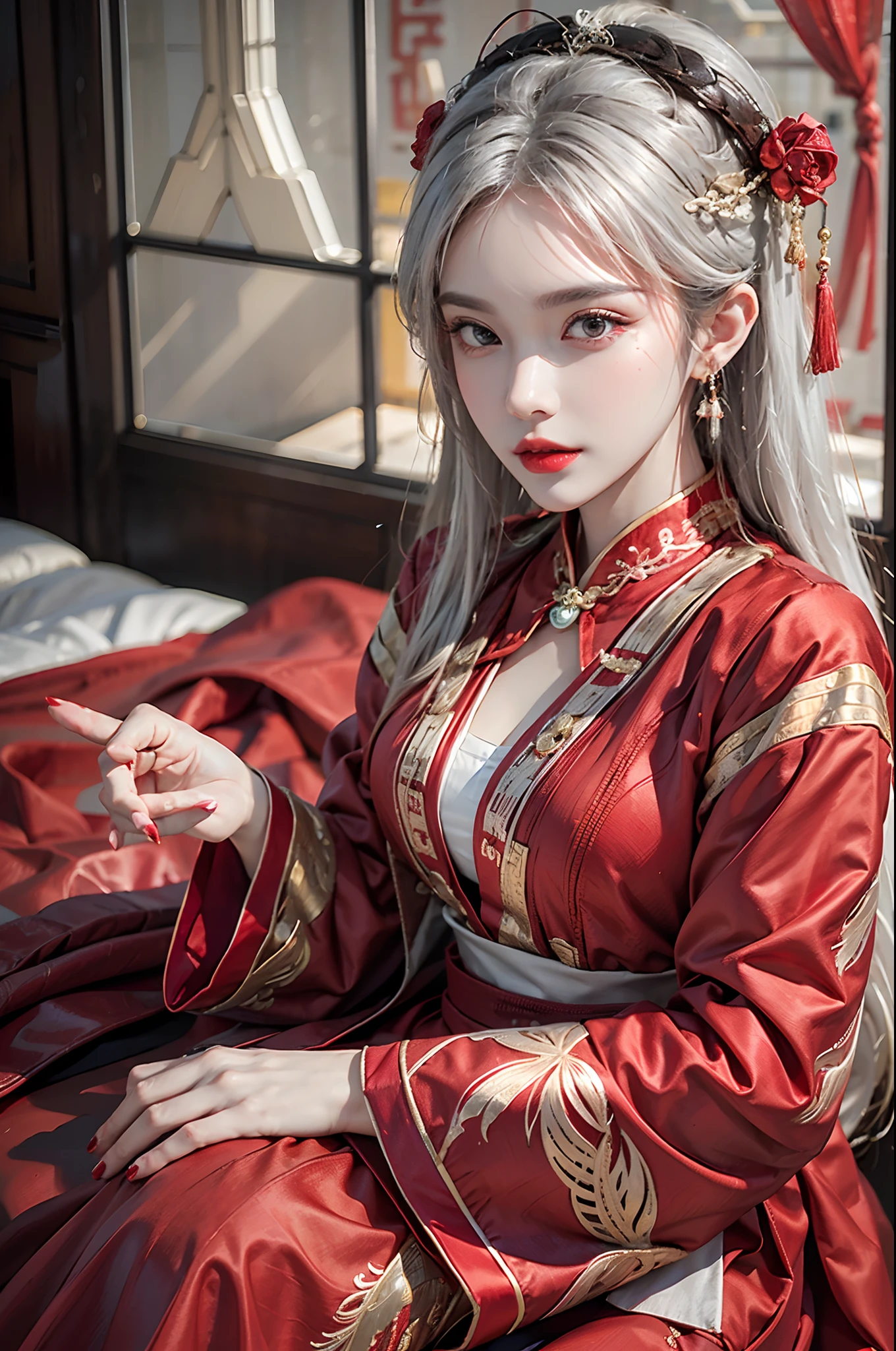 (ultra realistic 8k CG:1.2),perfect artwork,delicate pattern,intricate detail, (unparalleled masterpiece,best quality:1.2),(extremely intricate:1.2), (NSFW:1.5), a woman in a red and gold dress, Phoenix crown,hair stick,(sitting on red bed),Cosmetic,blush,shy,black_hair, looking down, Cosmetic,(forehead dot),(2 red candles), chinese_clothes, curtains, earrings, white hair, hair_ornament, hanfu, indoors, jewelry, red nails, long_sleeves, red dress, red lips, tassel, (Red quilt),(red palace:1.2),(ancient Chinese architecture),(red:1.8),night