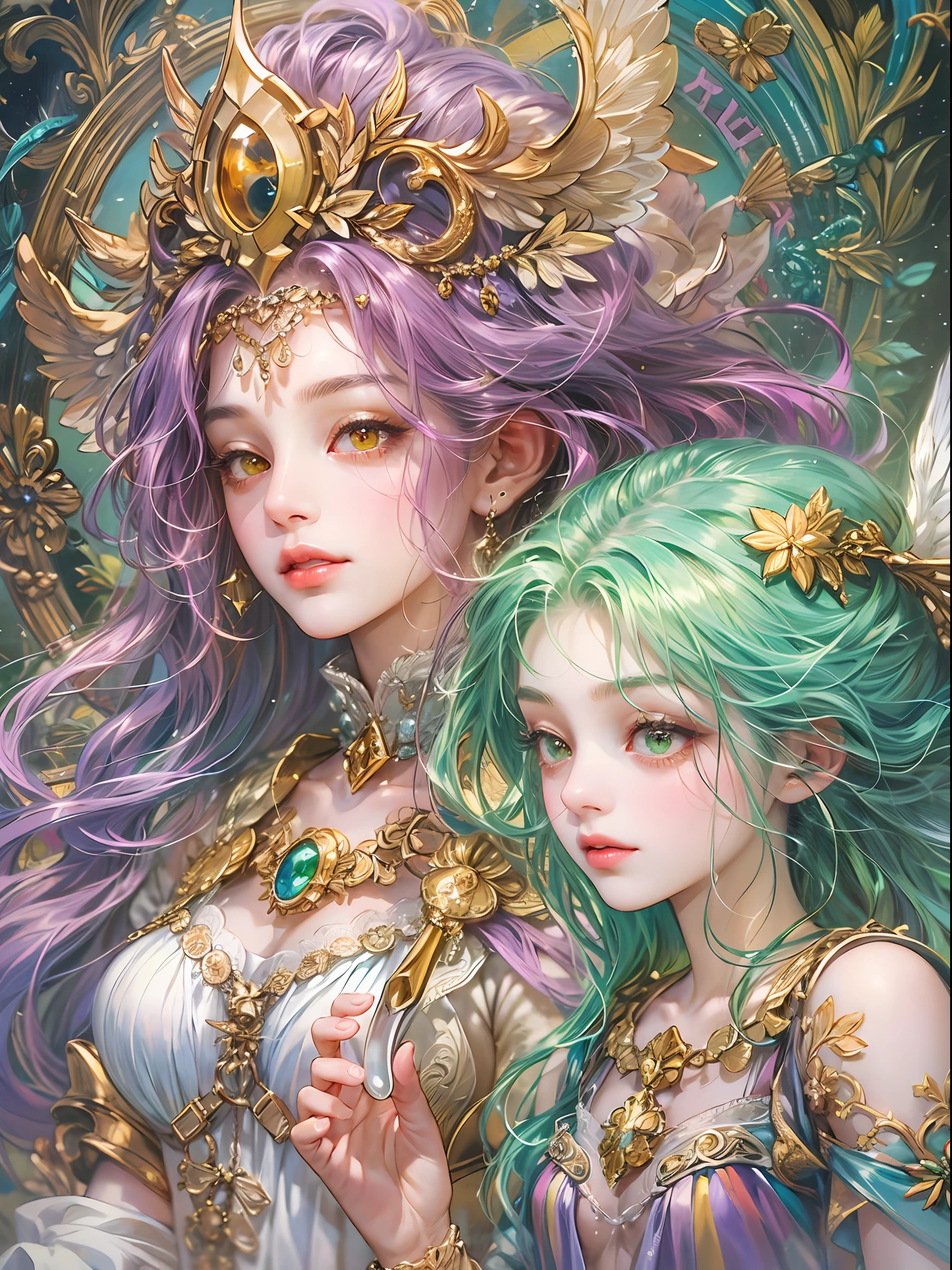 (absurdres, highres, ultra detailed, HDR), masterpiece, best quality, legend of mana character, heroine, detailed face, beautiful face with decorative detailed purple hair ornament, seraphina talking to a little black haired angel with yellow eyes white wings, green details , red touch and blue little outline,with pink magic mirror inside celestial palace, detailed character, detailed celestial place of goddess, laplace, detailed backdrop