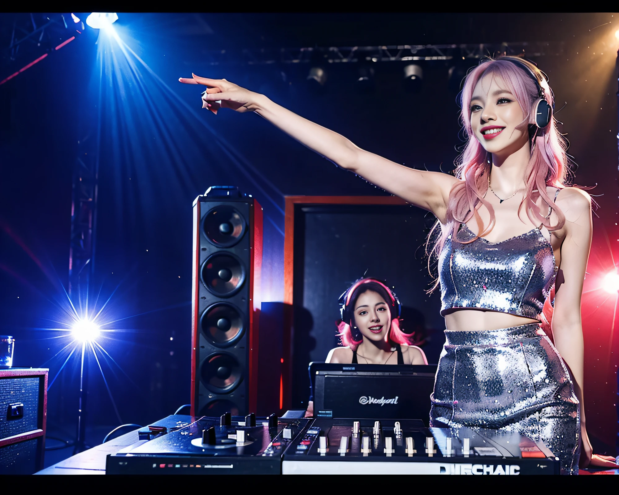 (ultra - detailed, 16K resolution, Cinema lenses,rendering by octane),A young chick woman,Has straight white and pink hair, Wearing silver DJ headphones, Shiny silver sequined T-shirt, (Iconic hip-hop pop costumes:1.3), Smile while DJing on stage.Stand in front of the DJ equipment and shoot full-body, The spotlight shines on the female DJ. Realistic style photography by Disco Lighting